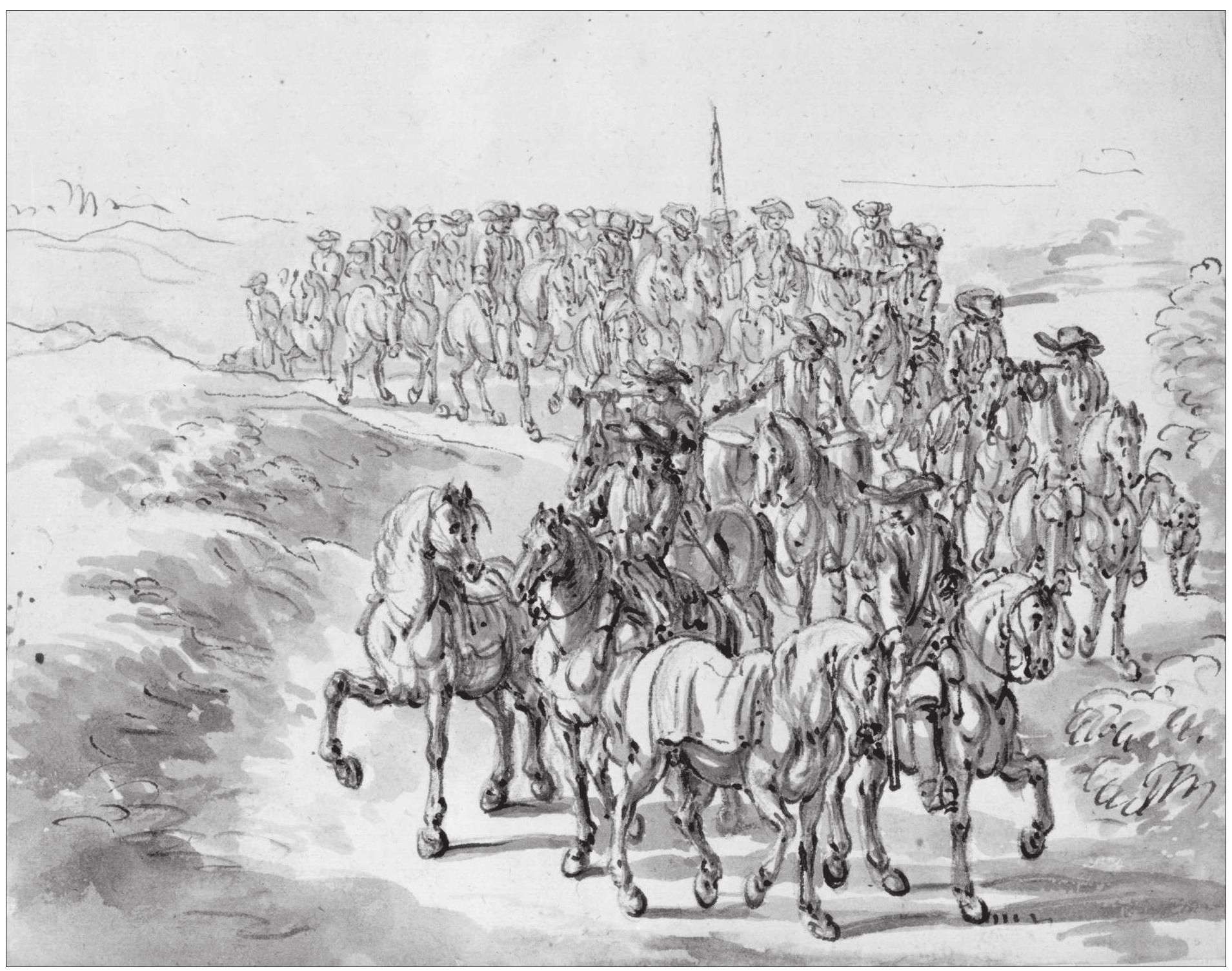 Figure. 111. Swedish Cavalry in Scania during the Danish War of the 1670°s. Painting by JL. Lemke (1631-1711). The Na- tional Museum of Fine Arts, Stockholm. NM H 157/1866:15.  From the Late Middle Ages onwards the art of war did not change significantly for centuries. The intro- duction of firearms in the 1340s heralded a revolution and warfare subsequently underwent a fundamental change, but not one so drastic as to change battlefields overnight. Handguns were introduced during the 16th  In spite of this, the lot of the soldier or sailor changed little between the French invasion of Italy in 1494  century, and during the 17th century artillery became lighter and more manoeuvrable. During the 16th and especially the 17th centuries, ships-of-the-line in- creased in size and became more heavily armed. 