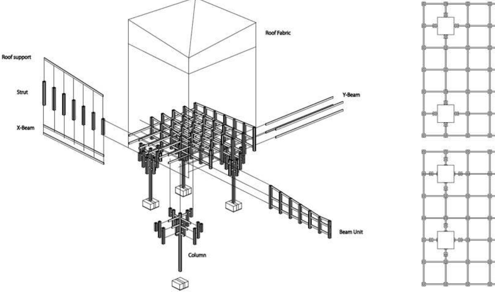 Left: exploded axonometric. right: the grid structure allows