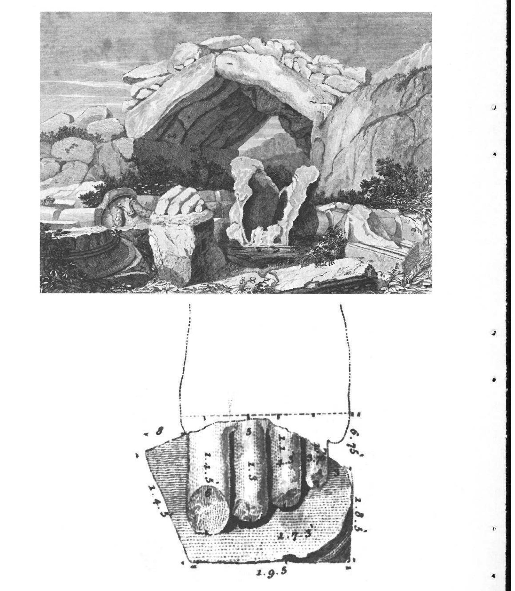 Fig. 4a-b. — a. Depiction of the foot (now in London) of the colossal statue, here located in front of l'antre du Cynt b. Detailed measurements of the foot made by W. Kinnard (from J. Sruart, N. REVETT , Antiquities of Athens, Sup mentary Volume 42 {1830}, p. 24-26, pl. IV, figs. 1-2). 