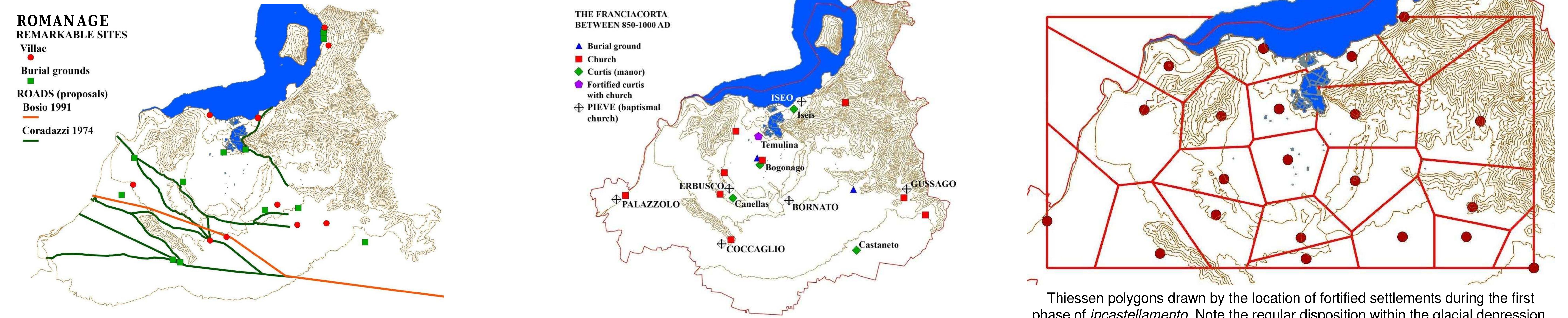 However, if we consider the panorama during the Early Middle Ages, the general picture is a bit different, because it is clear that the glacial depression knew a more lively period around 850 and 1000 AD. In the first place, the inventory of St. Giulia shows that this context was of primary importance in the local economic strategies of the monastery, since here we can position at least three of the six manors owned by the nuns in Franciacorta and they are the richest and most important. For example, the curtis of Temulina was not only the one provided with a church and rich furnishings (e.g. silk fabrics, a soecimen from the Eastern Mediterranean), but it was also the first site to be fortified in the entire area around 915 AD. Productions and goods recorded in the inventory let us think that these manors were structured in a sort of productive synergy, in order to serve the main one — Iseo —, which was close to the most important market and harbour of the hinterland. Moreover, the archaeological traces of early medieval communities in this glacial amphitheatre are quite significant. For instance, in 2001 and 2005 two extensive excavations were carried on in Borgonato, in the site of the ancient church of St. Vitale. In this area we could position the main centre of the curtis of Bogonago, mentioned in the Polittico, but, before the currently visible building (12¢" c.), there were a more ancient church that seems to have been very important, because a large cemetery took place around it, counting more than 300 burials, maybe since the 7' c. So far, it is the largest burial ground found in Franciacorta and the connection between this huge community and a productive centre related to St. Giulia monastery is of considerable relevance. In the end, it is also quite  remarkable that the first phase of incastellamento (the spreading of fortified settlements), between the 10" and the 12!" c., was mainly focused on the glacial depression and the road linking Brixia- Rracrcia and lean cinra tha Roman timac  At the present day, no archaeologically-documented harbour infrastructures could be use to study the harbour network along the rivers Po and Oglio, but written sources can be of help. For the Northern Italy, the best known is the so called “Liutprand Capitular’, a document granted around 730 AD from the Lombard king Liutprand to the inhabitants of Comacchio (in that time under the Byzantine rule), allowing them to trade along the river Po and its markets. Thanks to this document, we know both the goods exchanged by the Comacchiesi and the places where they used to dock. Between them, we can also find a portus Brixianus and the Polittico of St. Giulia let us go into the matter more thoroughly. According to it, there were six monastic manors owning harbours and, in one case, also ships and it seems that for the monastery the river Oglio was more important than the river Po; in fact we can find the best evidence for monastic presence along the first one. Two manors were located near it for sure, like Bissarissu and Alfiano; while another one, /nsula, could be located along the Po. At the end of the Oglio, communications and exchanges were served by two harbours: a first one in Franciacorta (/seis) and a second one in Camonica Valley (Bradellas). Nevertheless, we must not forget the harbour in Papia-Pavia, which was undoubtedly a main one, thanks to its position at the core of the Lombard kingdom between 572 and 774 AD. 