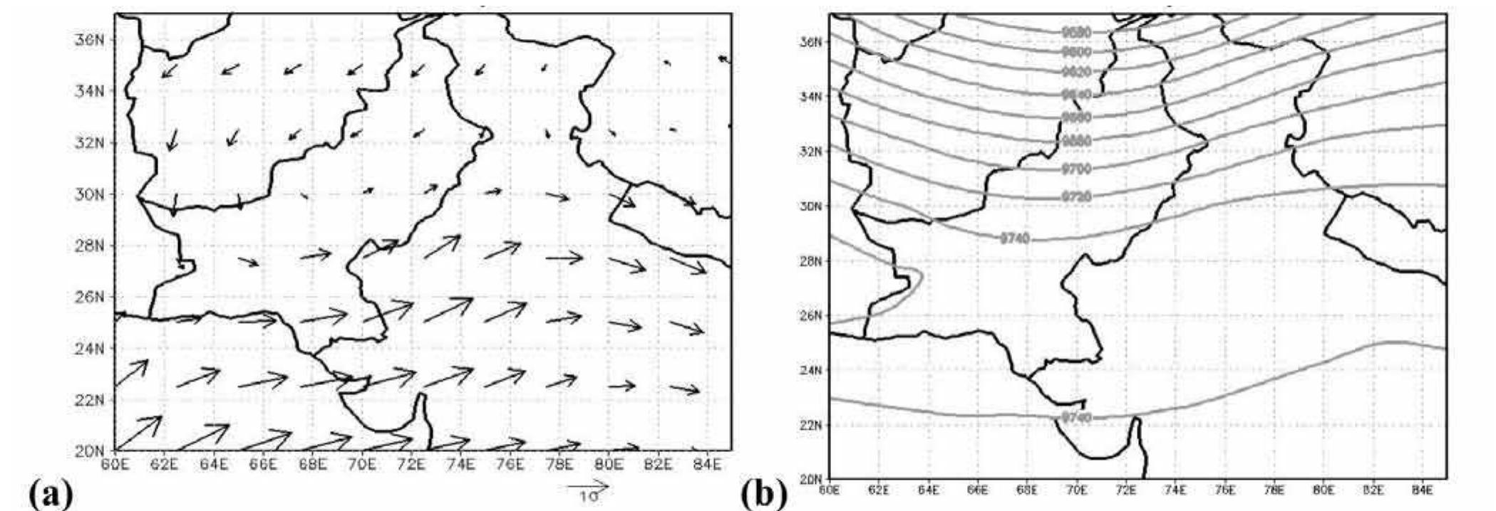 Wind flow pattern at 925 hpa (a) and contours (gpm) 300 hpa