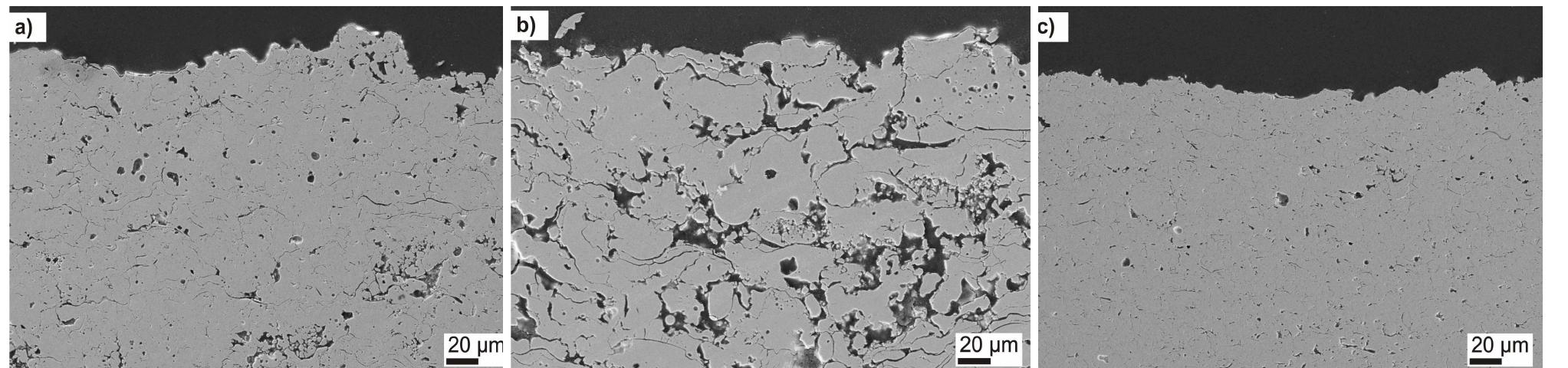 Microstructures of sps coatings: a) sps-a, b) sps-b and c)