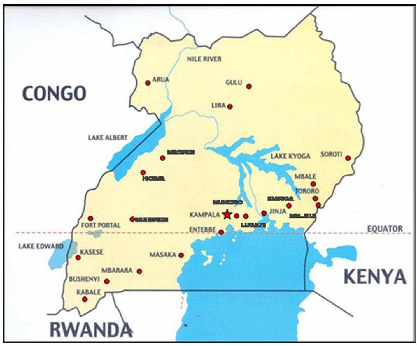 Map of uganda showing towns served by nwsc, including