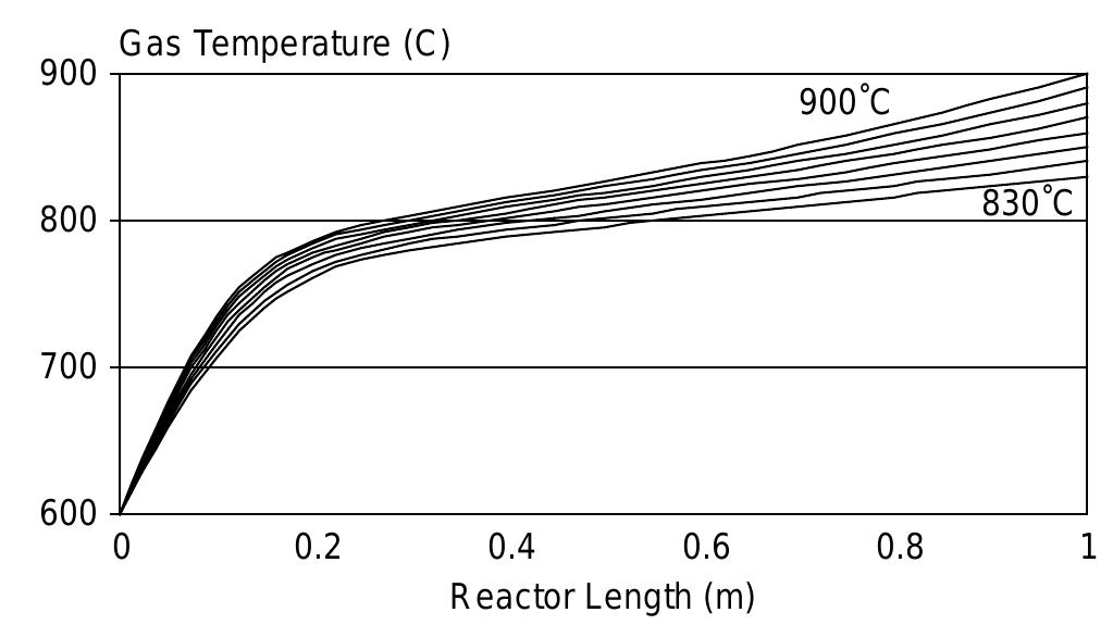 Gas temperature profiles along the reactor tube at different