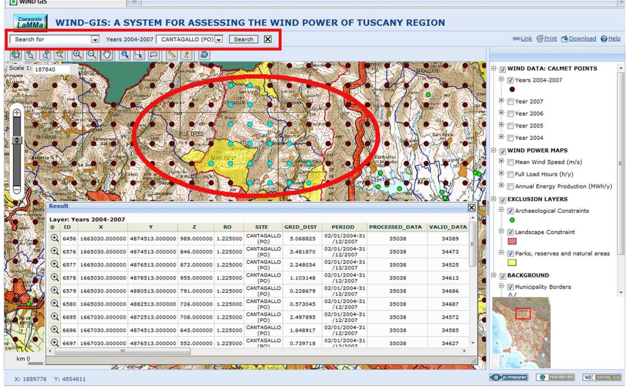 Sample layout of calmet data spatial query: search of points