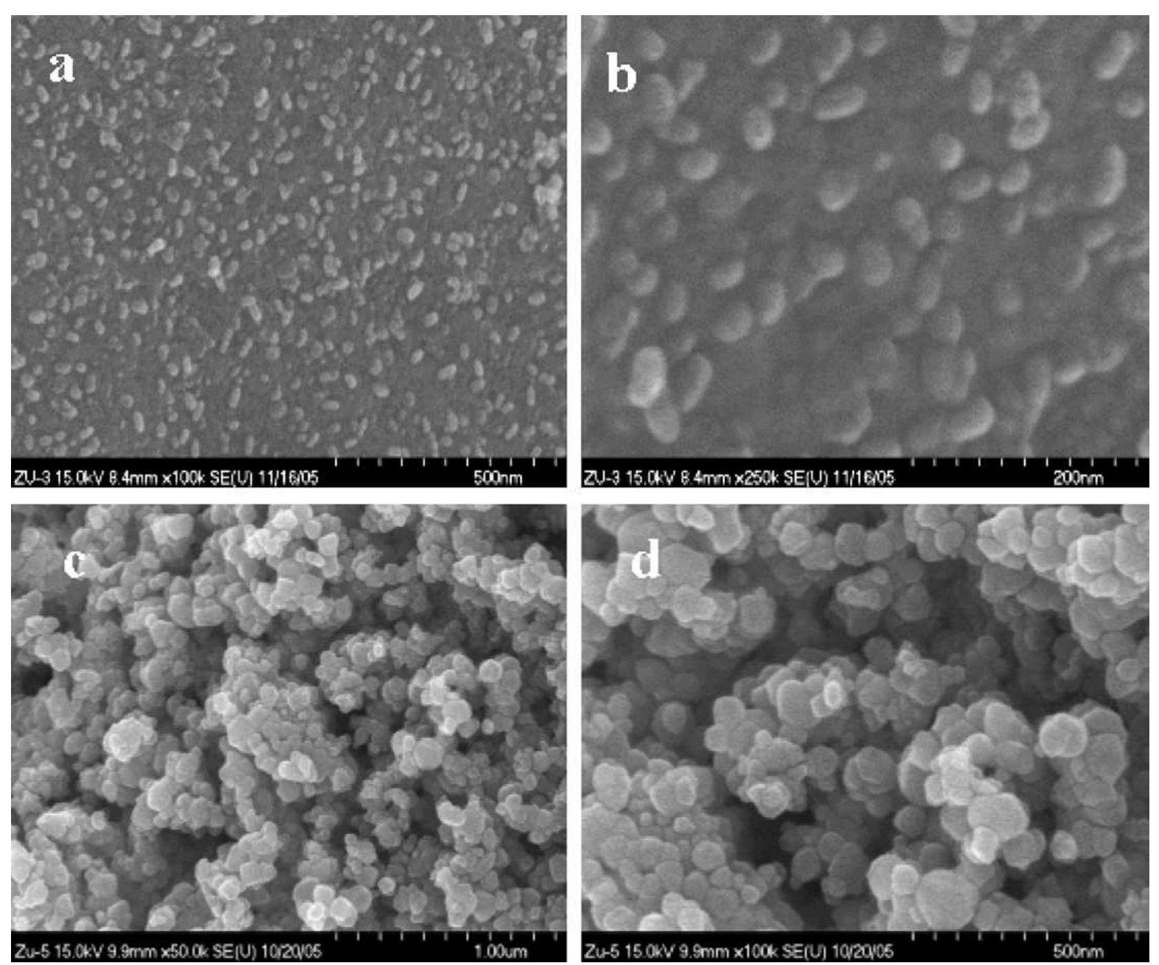 Fig. 2. (a and b) Low and high magnification FESEM images of annealed hydrozincite powder at 300 °C. Whereas (c and d) Low and high magnification images of annealed hydrozincite powder at 500°C.  Zinc acetate dihydrate (Zn(CH3COOH)2-2H20O) and urea (NH2CONH?2) were used for the synthesis of zinc oxide nanoparticles by using sol-gel method. The chemicals were purchased from Aldrich Chemical Corporation and used  Chemical routes were equally investigated to explore the synthesis of nanostructures of ZnO. For example, Music et al. presented the synthesis of zinc oxide nanoparticles of about 100nm in size using ZnCly Zn(CH3COO)2-2H20, 