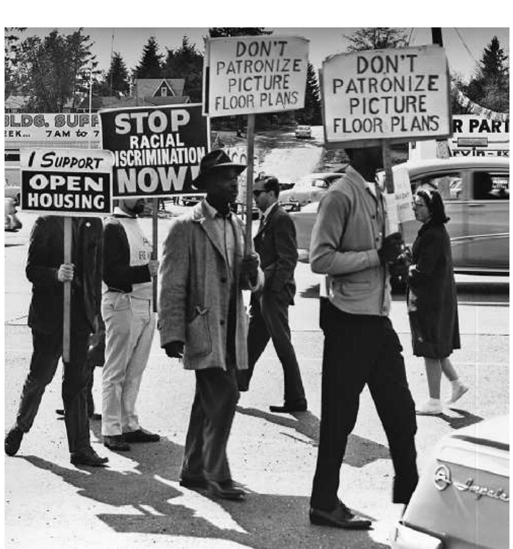 Figure 1. Members of the Seattle chapter of the Congress of Racial Equality (CORE) protest in 1964 at the offices of Picture Floor Plans, Inc., a local real estate agency that discriminated against non-white customers. The Seattle Rights and Labor History Project, based at the University of Washington, has uncovered a long history of housing discrimination in the city, despite its distance from the Deep South and current reputation for progressive thinking. Visit http://depts.washington.edu/civilr/covenants_report.htm (Courtesy of the Seattle Municipal Archives)  (2). U.S. historians are increasingly familiar with research showing that the federal government shaped the segregation of housing and employ- ment across the country in the 1930s and 1940s, with lasting effects on the politics of race for the country. But this awareness has not extended far beyond academia. The ongoing  distinction in popular consciousness between individual acts of rac-  Figure 1. Members of the Seattle chapter of the Congress of Racial Equality (CORE) protest in 1964 at the offices of Picture Floor Plans, Inc., a local real estate agency that discriminated against non-white customers. The Seattle Rights and Labor History Project, based at the University of Washington, has uncovered a long history of housing discrimination in the city, despite its distance from the Deep South and current reputation for progressive thinking. Visit http://depts.washington.edu/civilr/covenants_report.htm (Courtesy of the Seattle Municipal Archives) 