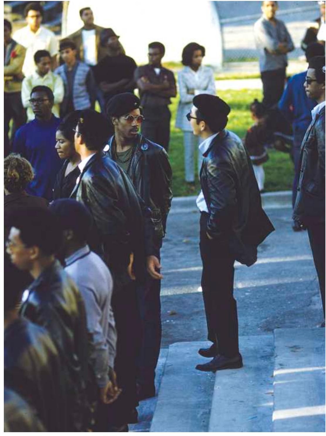 Figure 2. Born in 1944 in a Japanese internment camp, Mike Tagawa (at center) grew up in Seattle, joined the U.S. Air Force after high school, and while stationed at Fairfield, California’s Travis Air Force Base, joined the movement against the U.S. war in Vietnam. In 1968, Tagawa became one of three Japanese Americans to join the Black Panther Party for Self-Defense (BPP). Here, Tagawa speaks to a fellow Panther at a Bay area rally. He was interviewed about his BPP experiences by the Seattle Civil Rights and Labor History Project: http://depts. washington.edu/civilr/tagawa.htm (Courtesy of Eugene Tagawa). 