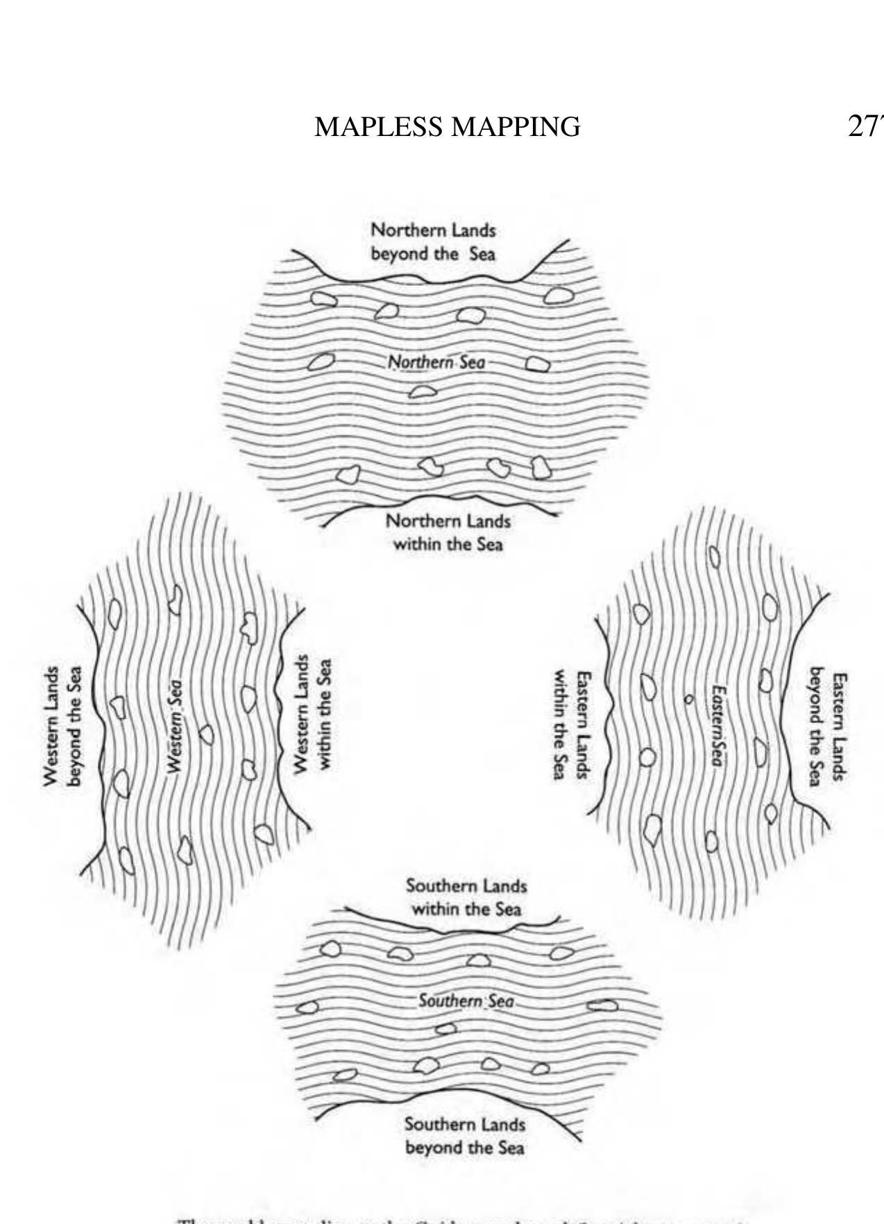Fig. 6b: Richard Strassberg’s reconstruction of the representation of the world in  “Outside the Seas” (haiwai }$4}) and the four cardinally-oriented chapters of “In- side the Seas” (hainei #$A), juan 6-13.  Reproduced from Strassberg (2002: 40). 