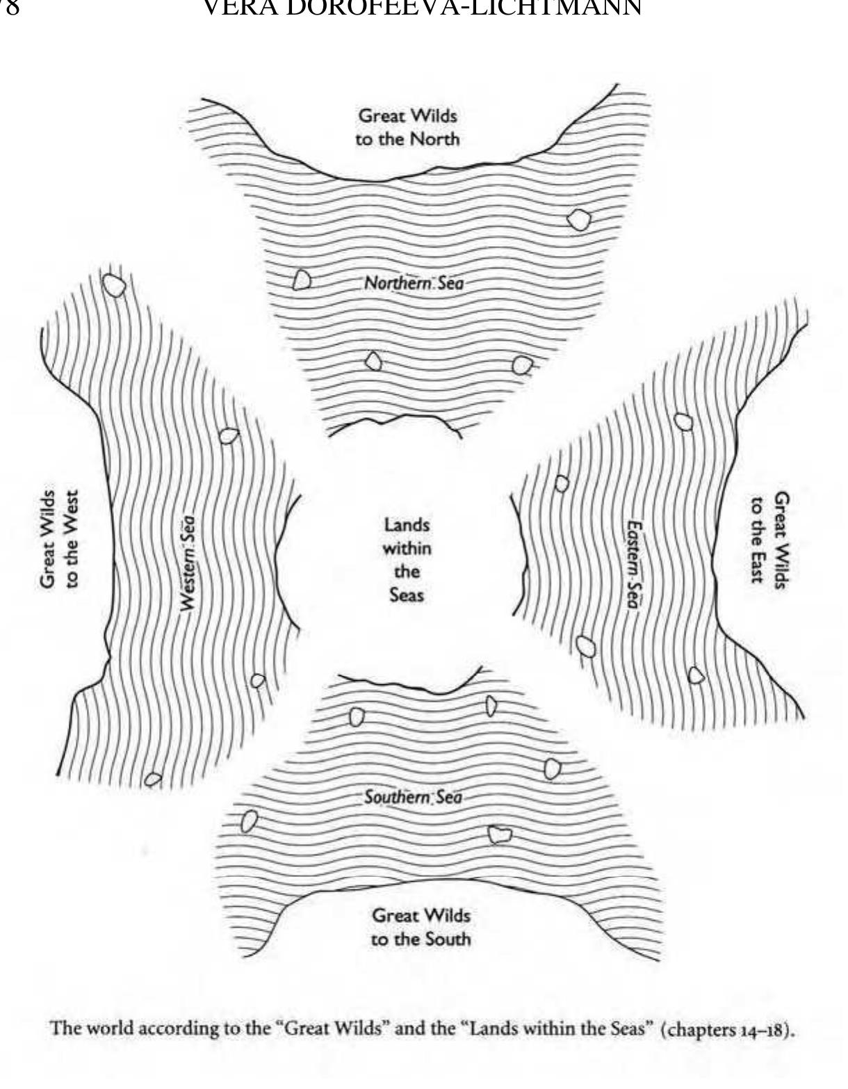 Fig. 6c: Richard Strassberg’s reconstruction of the representation of the world in  “The Great Wilderness” (dahuang 37) and the last chapter of “Inside the Seas” (hainei #4), juan 14-18. Reproduced from Strassberg (2002: 41). 