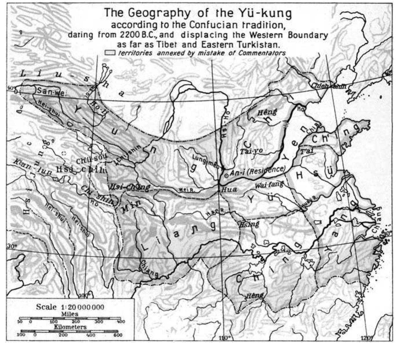 Map 3. Representation of the Nine Provinces of the “Yu gong” as a modern Western map; Albert Herrmann, Historical and commercial atlas of China  (repr. of Harvard-Yenching Institute, Monograph Series, Volume 1; Taipei, 1970), p. 10. 
