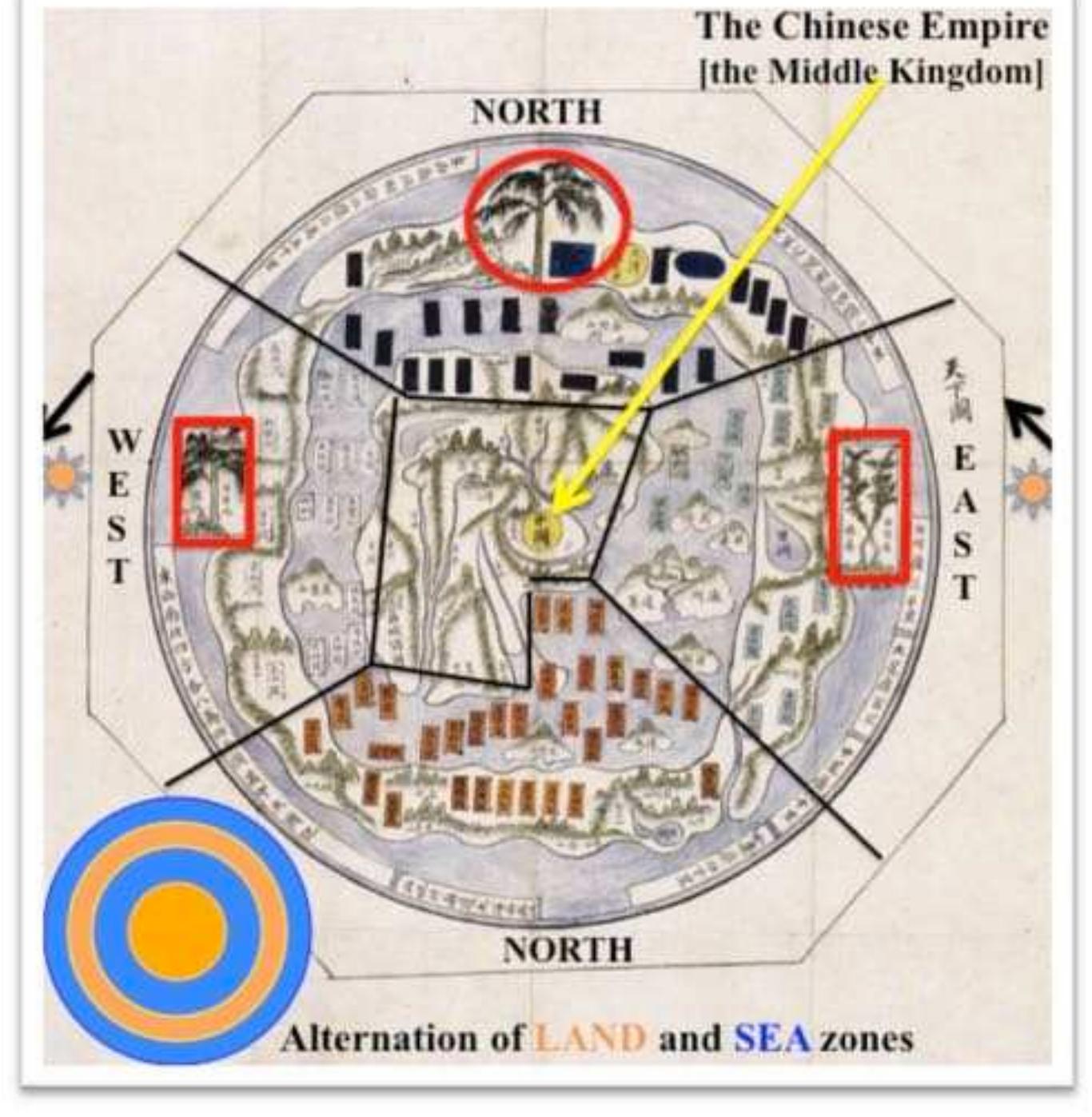 The world is structured as a nest of concentric zones, alternating land and sea  (a simplified scheme of their alternation is given in the lower left corner, yellow= land, blue= sea). China is marked by a bright YELLOW CIRCLE in the CENTRE. The China-centred concentric zones are structured relative to the four cardinal directions.  In this exquisite example of  highlighted by the symbo  a ‘wheel’ map, the cardinally-oriented arrangement is ism of colours established in the Chinese tradition:  YELLOW for the CENTRE, RED for the SOUTH, BLACK (blue-green black) for the NORTH,  BLUE for the EAST and WHIT importance of vegetation in catching cosmic trees mark  E for the WEST. One can also see clear indications of the the SHJ, especially in a cosmological sense: the three eye-  the EXTREME NORTH, the EXTREME EAST and the EXTREME  WEST, respectively. The trees in the EAST and in the WEST mark the sunrise and sunset, respectively. The cosmic trees are matched by green-coloured mountain 