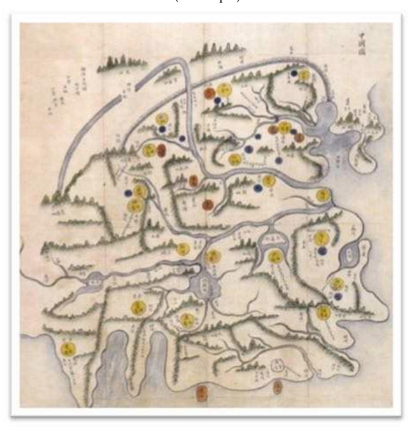 In Map 1 and especially in Map 3 - related to it and that provides a close-up of the Chinese territory - one can see mountain ranges coloured in vegetative green, which may appear as itineraries. Yet the mountain ranges in Map 3, and in any other map of China, do not match the system of 26 itineraries, as the latter does not reflect the natural landscape, but operates as an interface that transforms the latter into an  comparing it to the Yugong, where one can find nine itineraries encompassing 27 mountains. In both texts itineraries are delineated from mountain to mountain. In contrast to the Yugong, where only sequences of mountains are listed, the SHJ gives a direction from the preceding mountain in the itinerary (according to the four cardinal and four semi-cardinal directions) and a distance between two neighbouring mountains (in round figures). For instance, Mountain B is located “300 li (ca. 150 km) to the south-east” (dongnan sanbaili 374 =) from Mountain A. This makes for a  very rough mapping, so that the topographical accuracy sometimes attributed to the SH] is impossible on these premises alone."  map of China, do not match the system of 26 itineraries, as the latter does not reflect 