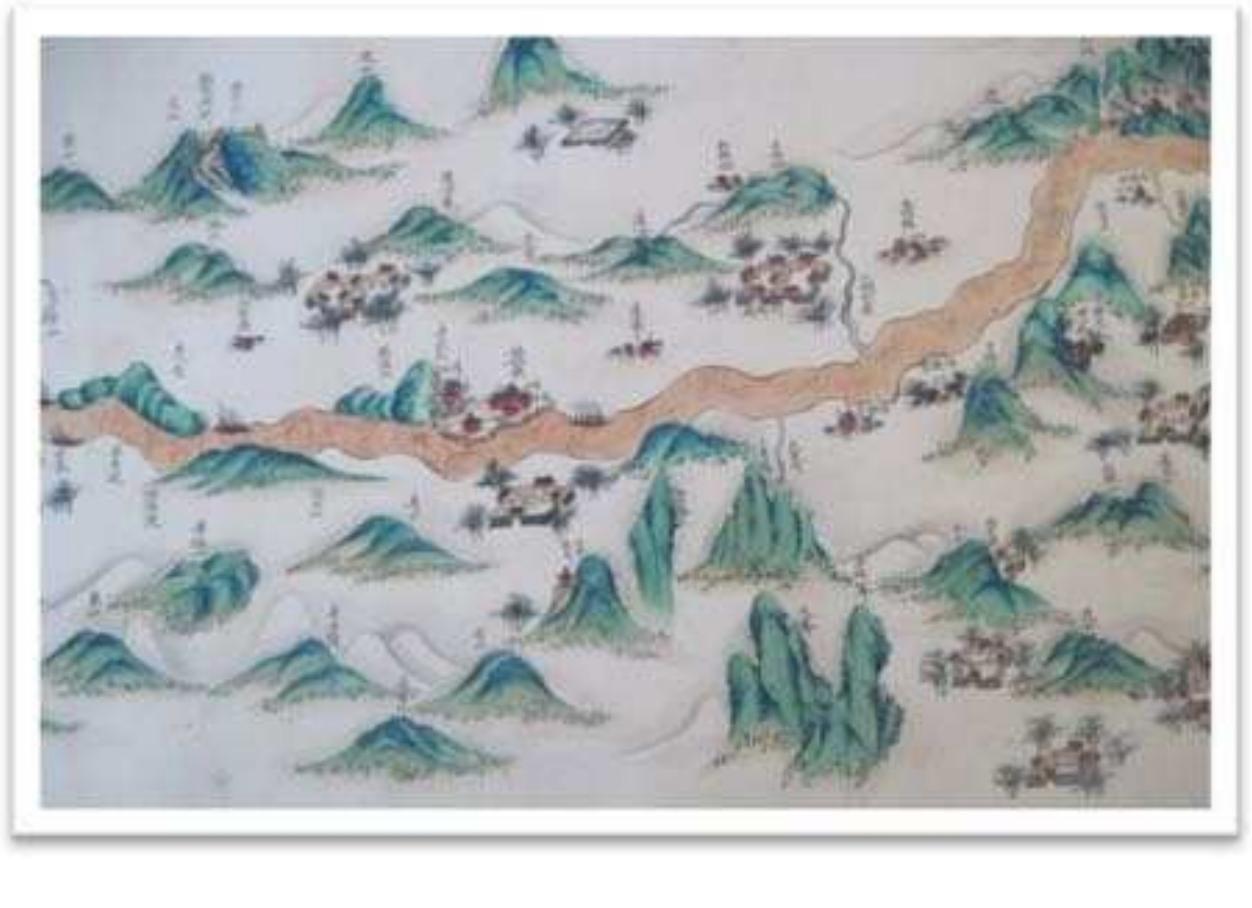 This map gives us a close-up of a landscape view, which inspired the tracing of itineraries marked by mountains. One can see it has many places considered as ‘mountains’ — each slightly elevated site or hill seems to have qualified as a ‘mountain’ — and that itineraries can be traced in many different ways. Interestingly, in Western maps the colour-code for landscape features is usually the opposite (see Map 6): green is used for plains, while mountainous regions are depicted in various shades of brown, from light brown for slightly elevated areas to dark brown for high  mountains.  First, it is noteworthy that in the SHJ plants are related exclusively to mountains. This relationship can be seen in Chinese coloured maps, where mountains are often tinted luminescent green, or green-blue in the case of especially high mountains, so that they stand out from the plains, which are devoid of images of vegetation and usually coloured in grey or sandy tones (see Map 5, which depicts a fragment of a Yellow River map, versions of which were current during the early Oing dynasty [1644-1911]). 