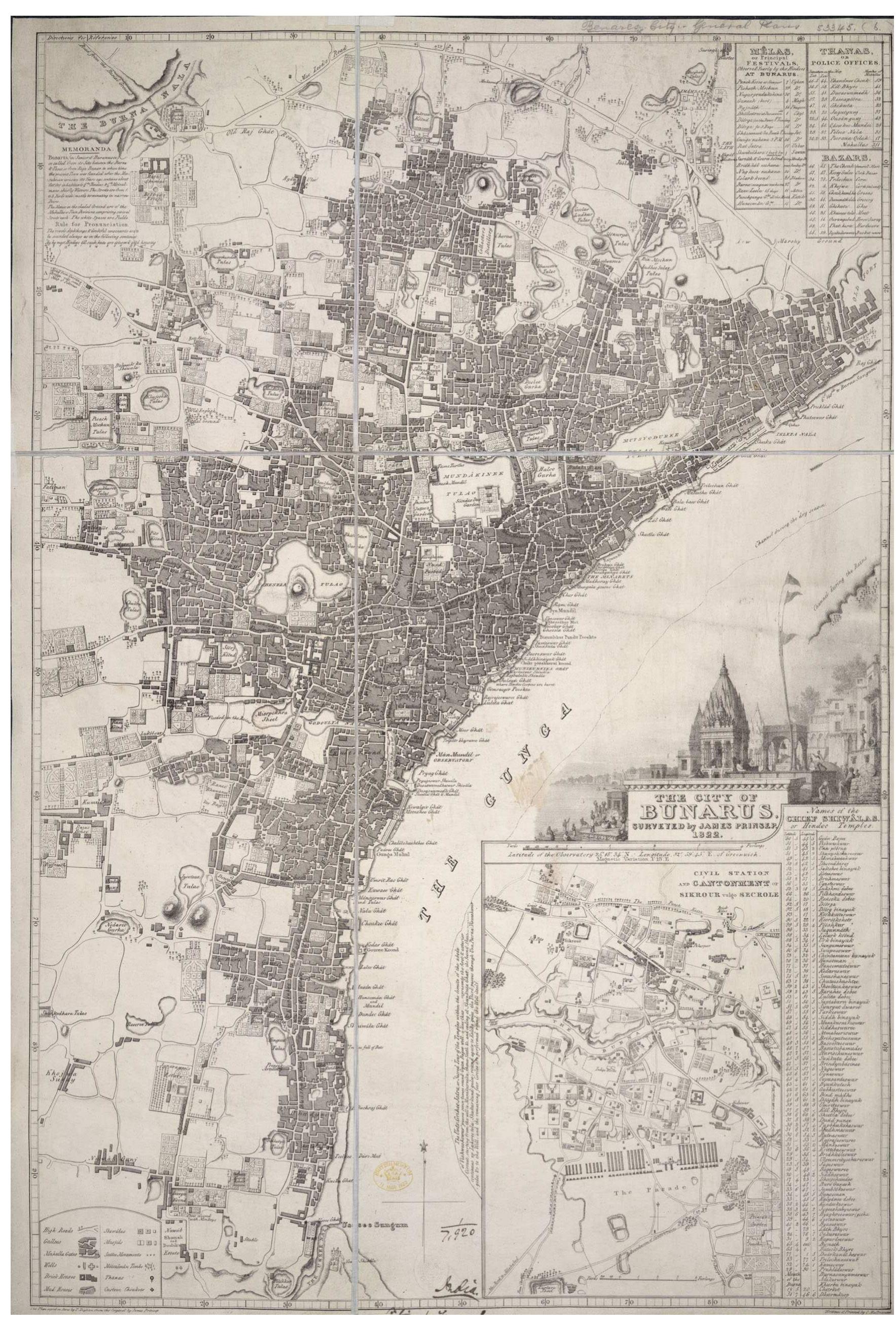 Figure 1: The City of Bunarus surveyed by James Prinsep, Banaras/London 1822, 74 x 48 cm, British Library 53345(6). 