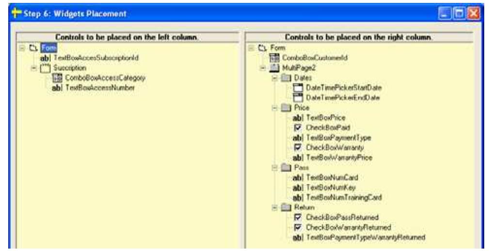 Fig. 10. Parameters for controlling the layout production  Drawing the controls on the form is one of the most time consum- ing tasks during the design of a UI. So we have paid particular at- tention to that issue. The solution we have retained is to let the user choose the relative position of the controls. The Wizara computes the absolute ones and places it on the form. Fig. 10 shows how the user can organize the different controls by means of drag and drop operations. Icons are used to give visual clues about the type of the control to the developer. The user can dis- tribute the controls amongst one or two columns and has also the possibility to add Frame and MultiPages controls to organize the different information on the form. 
