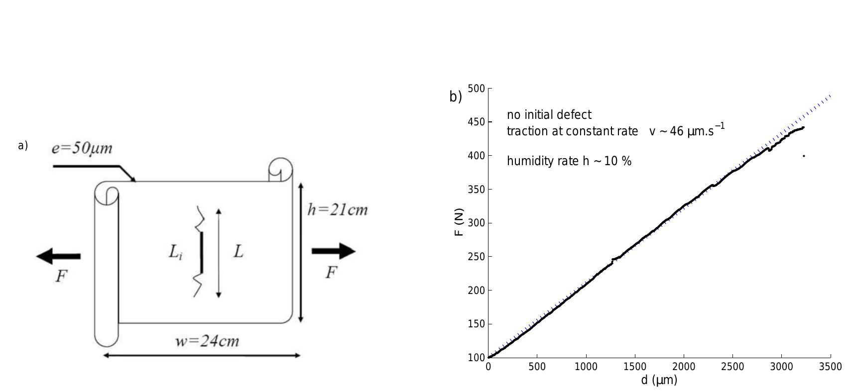 Figure 3: a) Sample geometry. b) Linear dependence between applied force and elongation until rupture. 