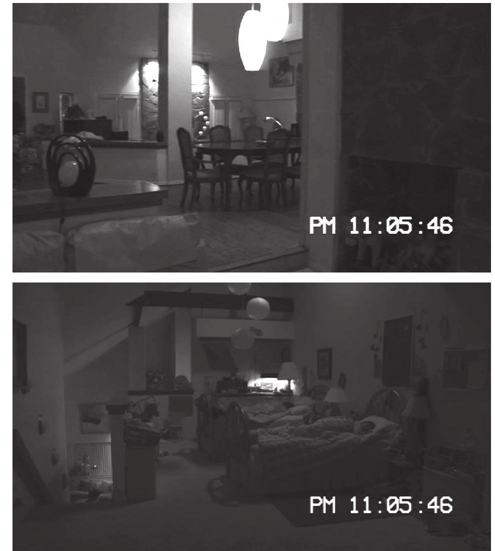 aaa I a a ie  The visual display of time in the frame empowers the audience, echoing the afore-  mentioned illusion of control suggested by the computer’s translation o strous grunts captured by Micah’s microphone into sound waves. In the Activity sequels, access to time is matched by access to space: the scattering across different spaces in the houses grants us a much larger coverage wit taking us to a different room. What is more, in Paranormal Actwwity 2, 3, and  the mon- Paranormal of cameras h each shot 4 the cam-  era clocks work in perfect synchrony with editing, as every cut to a different space has  the maximum duration of a second—so a cut at 12:48:20 is immediately  ‘followed by  a shot registering either the exact same time or 12:48:21 as if to make sure that when traveling in space the spectators do not miss a single moment of the awaited action and that if they do, they are aware of the elapsed time. The visualization of different spaces, however, is offered in shots presented successively, not simultaneously. We may  be led to believe we see all, but we are not, strictly speaking, given an omniscient point  of view (Figures 7 and 8).  Figures 7 and 8. Not even a second elapses when we move from living room to bedroom, but spaces are still shown to us successively, rather than simultaneously. Paranormal Activity 3 (Paramount, 2011). 