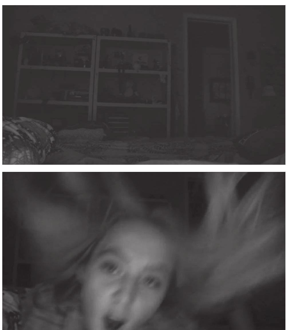 Figures 10 and 11. Paranormal Activity 4 (Paramount, 2012): The champs vide is long in duration and invites us to scan the whole of the frame, until Alex jumps back into shot and startles Ben (and probably the spectator).  those WOrKs  ClHCIt-  ing physical reactions.°' The emphasis on tactility and the decompartmentalization of our senses suggested in Cardinal’s attention to peripheral detail, and subsequent phenomenological approaches to film, also remove sight from the center of the filmic experience—the “visual language,” in Sobchack’s words, “is also tactile.”®* This privi- leging of other sensorial experiences is detected in the centrality of affect in cur- rent film scholarship. The “turn to affect,” to use Eugenie Brinkema’s phrase, focuses on “the body, sensation, movement, flesh and skin and nerves, the visceral, stressing pains, feral frenzies.”°? Cardinal had articulated this connection between decentered framing and our sensorial experiences when he stated that “any encouragement to at- tend to what lurks at the fringes of normal sight is equally an encouragement to sum- mon up the resources of the sensory system over and beyond the visual.”®* The ex- pansion of the frame suggested by details otherwise perceived as peripheral (Cardinal) 