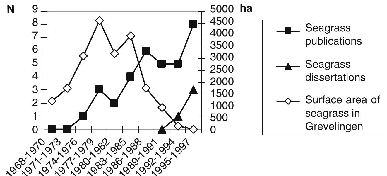 Figure 2. Effects of enclosure dams on surface area of seagrass in lake Grevelingen triggered much scientific research of Nienhuis and co-workers, cumulating in 35 publications and 4 dissertations on seagrass in 1997.  Owing to his teaching commitment as full profes- sor, from 1995 onwards his disciplinary orienta- tion was predominantly focused on environmental science. Nienhuis and his co-workers choose to concentrate on river basin-oriented research, thus exploiting both the already existing research focal points within the Radboud University Nijmegen and the geographical position of the city of Nijmegen in the Rhine-Meuse river district (Nien- huis, 1995; Nienhuis et al., 1999). His research   He also made a contribution to invasion biol- ogy as he discovered the Japanese brown alga Sargassum muticum in the Netherlands. Because fishermen suffered from contact dermatitis caused 