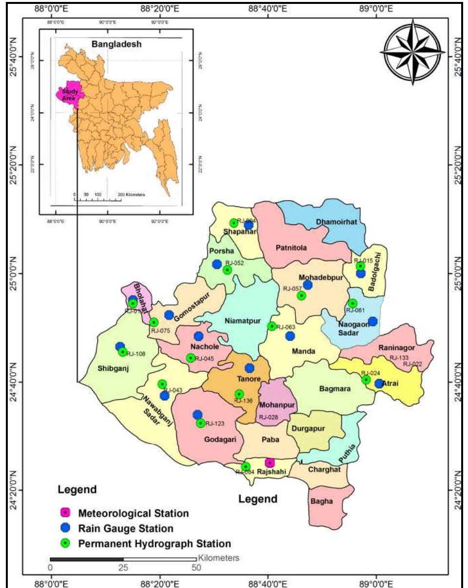 Fig.1. Study area with meteorological, raingauge and permanent hydrograph stations  rainwater and floodwater during the monsoon results in the rise of groundwater level. After monsoon, part of the water recharged into groundwater body gets discharged into the rivers, streams and low-lying areas (Jahan et al., 2010). 