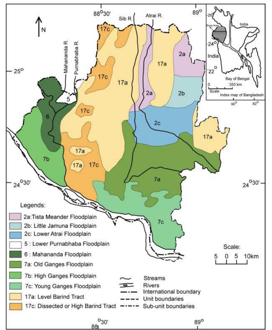 Multiple imputations do not suffer from the problem of underestimating the sampling erro1 because it appropriately adjusts the standard error for missing data (Enders, 2010). Moreover, it yields complete data set for analysis. Rahman et al. (2016) prepared a groundwater table database collected from BWDB for the period of 1991-2011. Complied groundwater table data for 15 monitoring wells which are close to the raingauge stations have been used in the present study. The locations of meteorological station, raingauge stations and groundwater  monitoring wells are shown in Fig. 1.   Fig. 2. Physiographic map of the study area (Brammer, 1996 and Alam, 1998) 