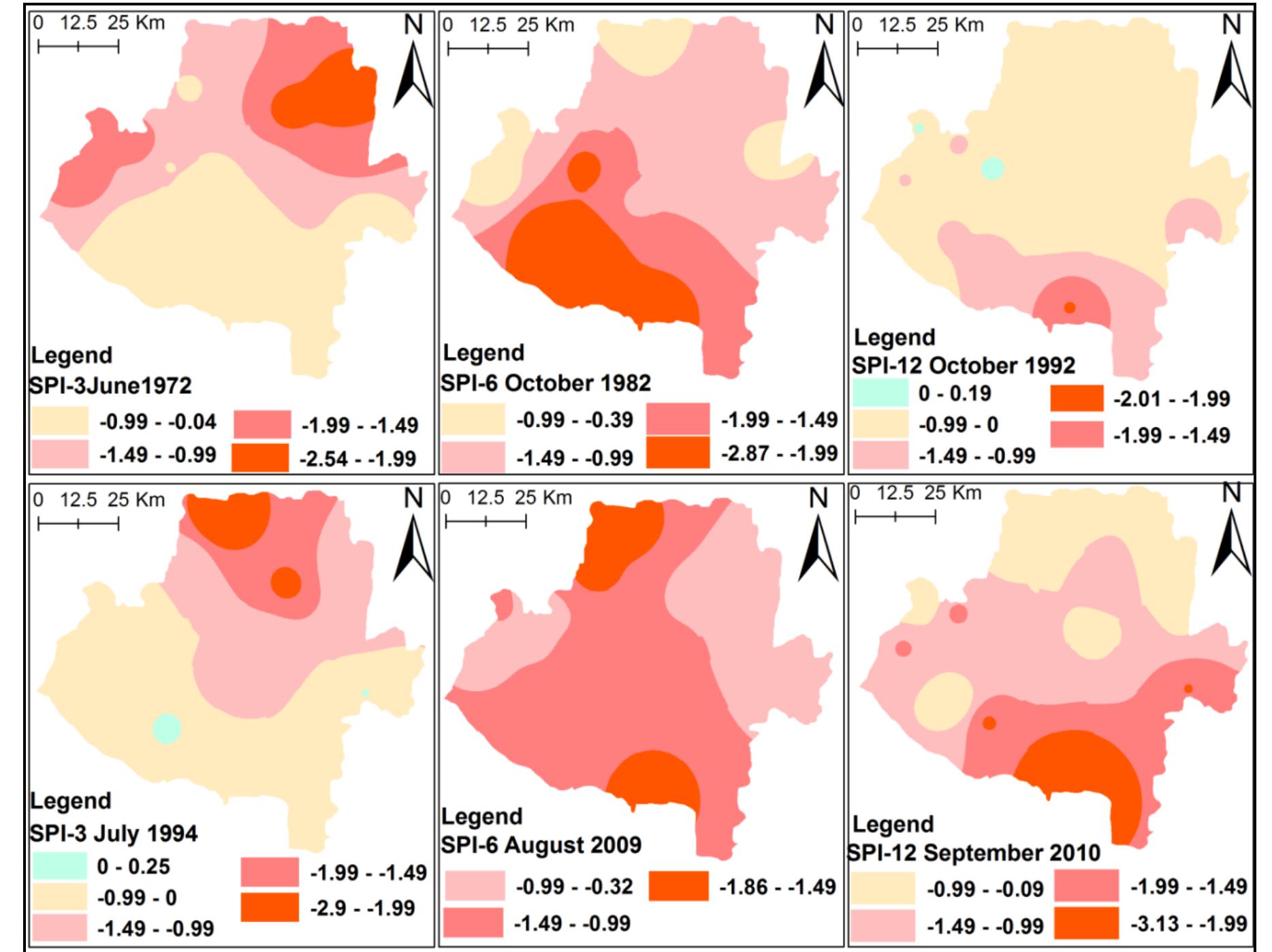The spatial analysis of mild drought occurrences (%) indicates that they most frequently tend to occur in the north-eastern and south-western areas at 3, 6 and 12 month time steps, while the north-western and southern parts are characterized by the lowest frequencies at the same time steps (Fig. 5). Moderate droughts occur more frequently in the eastern part of the study area at 3 month time steps, and the moderate droughts exhibit some variable behavior when the time step increases to 6 and 12-month as they tend to occur in the central part contiguous with the western part. Annual occurrences (%) of moderate drought of SPI-3, SPI-6 and SPI- 12 range from 6.5 to 11.6, 7.4 to 12.9 and 6.7 to 12.5 respectively.   Fig.4 Spatial distribution of SPI values of rainy season’s months (June-October) for the selected years 