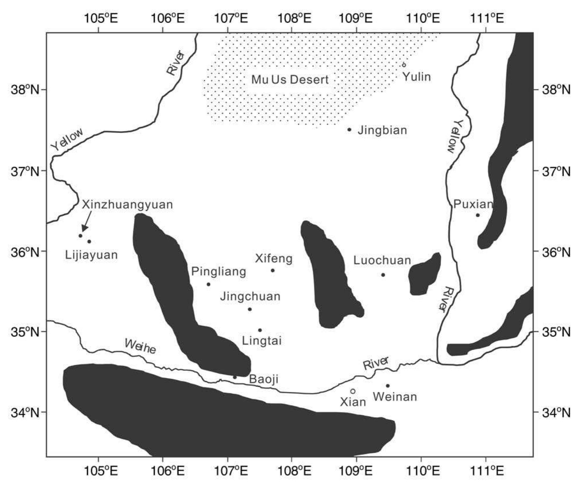 Schematic map showing location of the studied loess sections