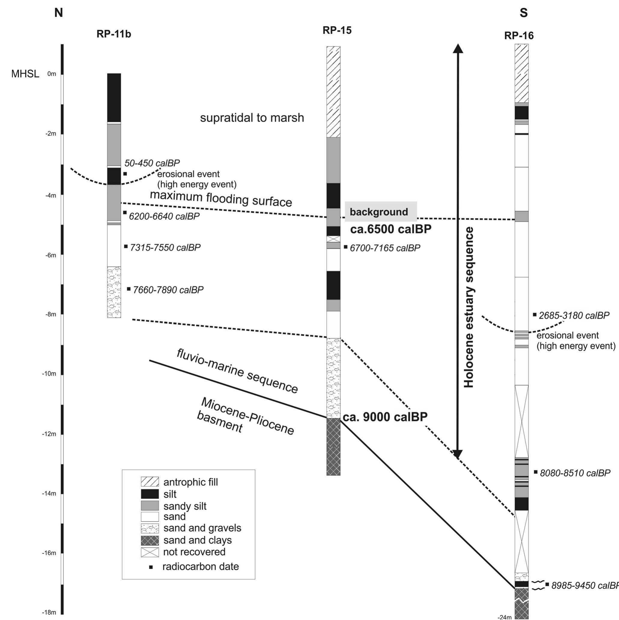 Sedimentology of the cores and cross section, with