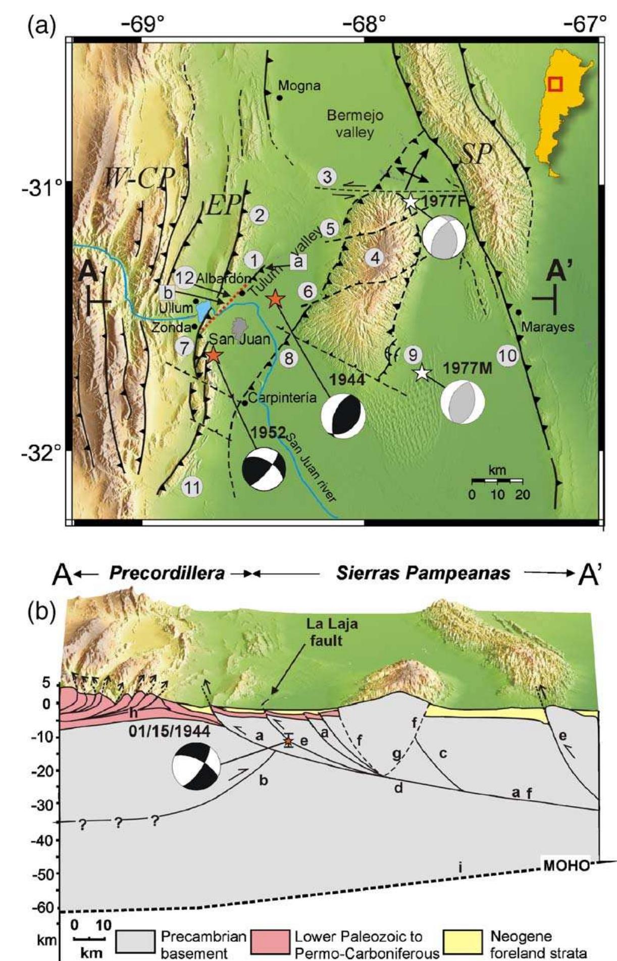 (a) map of the epicentral area of the 1944 and 1952 san juan