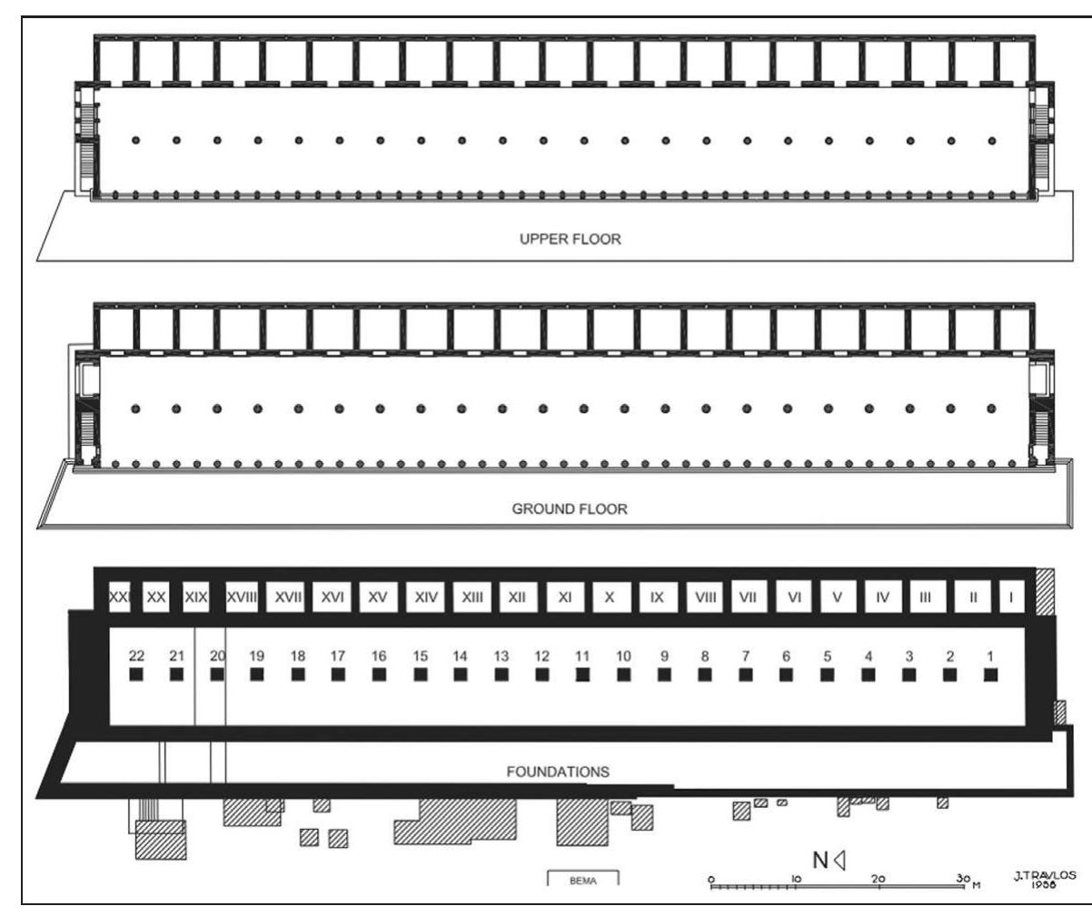 The following paper presents the results of a stable isotope characterization study performed on samples of the Stoa’s marble. Beyond supporting the macroscopic identification of the building’s marbles as Pentelic and Hymettan, something that was never very much in doubt, the results of this stable isotope analysis serve to identify the intra-quarry provenance of the white mar- ble within the greater quarry area on the Pentelic ridge. This is particularly important as marble from the geo- graphically extensive Pentelic quarries was prized build- ing material for almost the entirety of Greco-Roman an- 