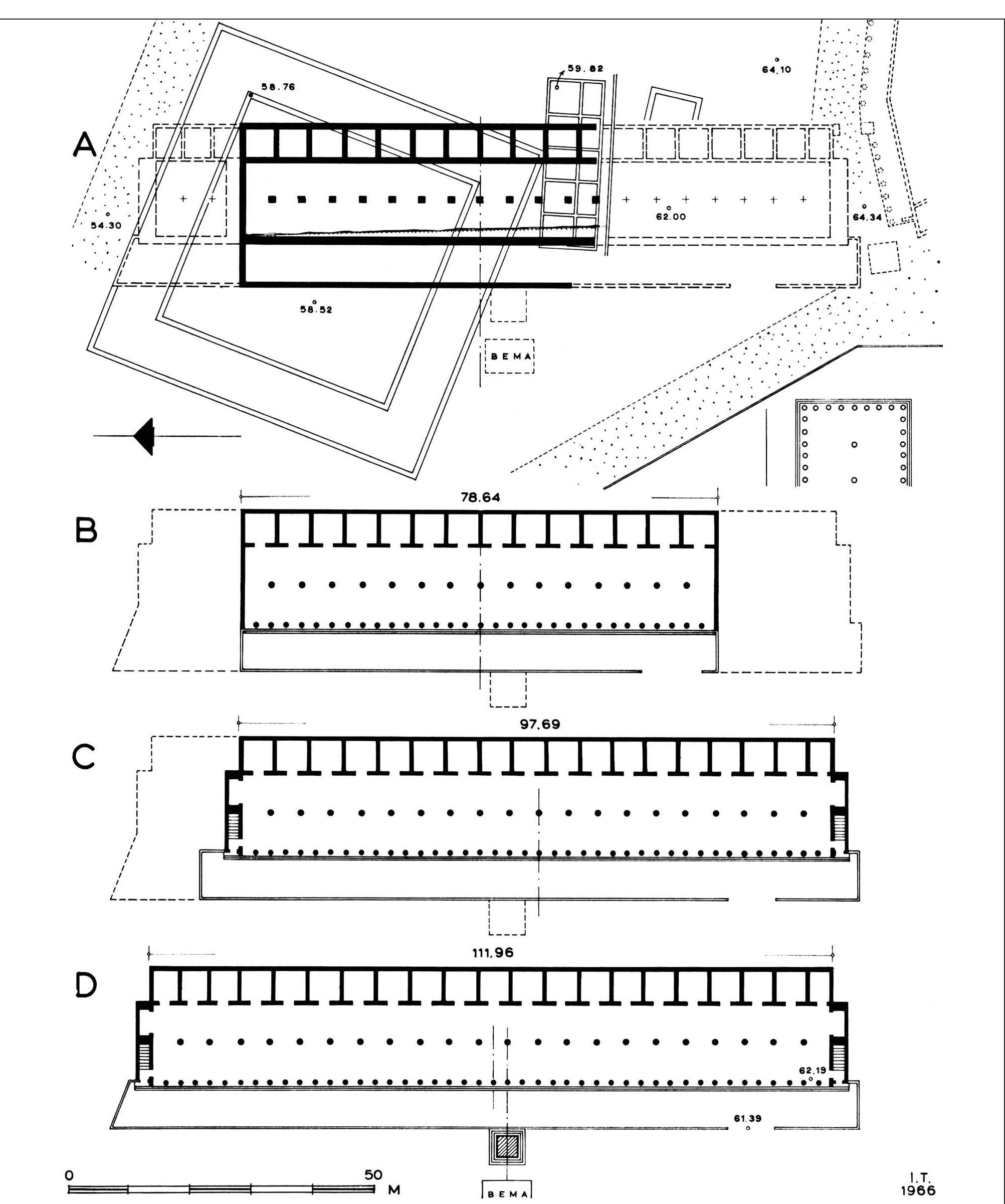 Fig. 3. The evolution of the ground plan during the phases of the Stoa’s construction as reconstructed by John Travlos. American School of Classical Studies at Athens: Agora Excavations. 