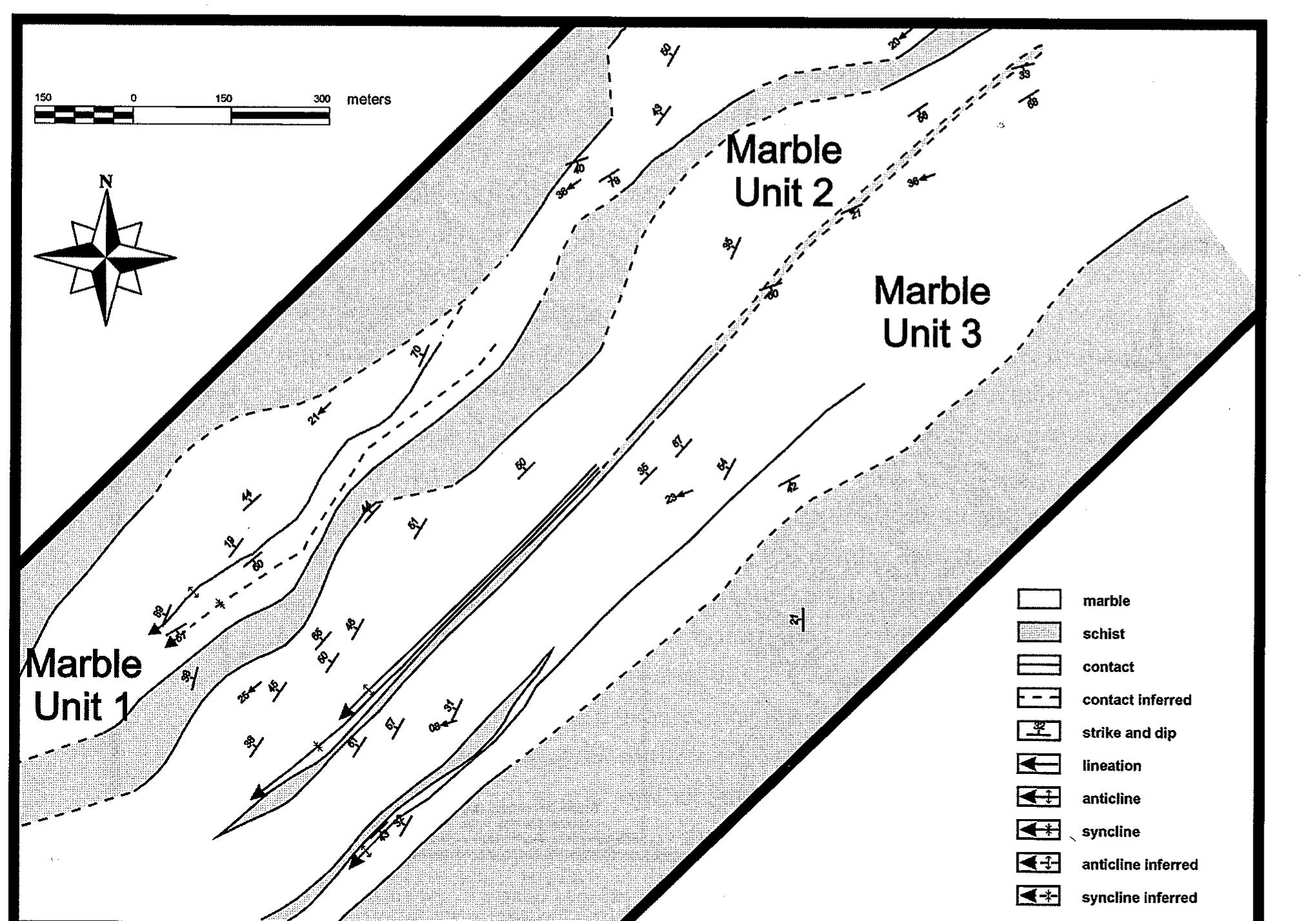 8.3. Geologic map of the ancient quarry region on the south slope of Mount Pentelikon,  Attica, Greece. Note the three marble units. The ancient quarries are located in Marble Units 2 and 3. 