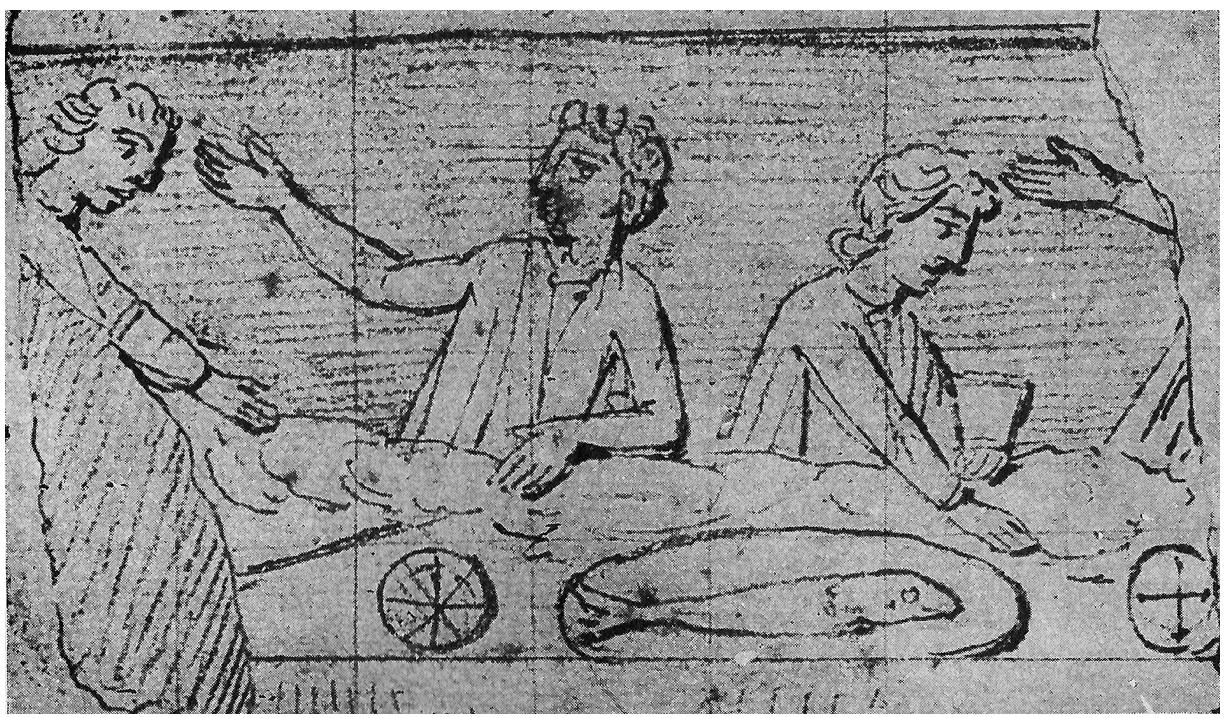 Figure g Illustration of a fourth-century Christian sarcophagus lid, Rome. From Dolger, Ichthys, 3: LXI.1. Reproduced with the permission of Metzler Verlag, Bundesrepublik Deutschland/Germany (www.metzler-verlag.de). 