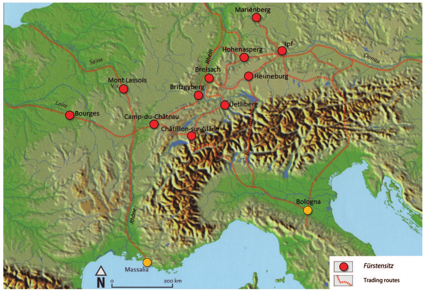 1 Diffusion of the »princely< hillforts (Fiirstensitze) with proposed trading routes in the 6" century B.C. (after Verhart 2008, 29, with additions) 