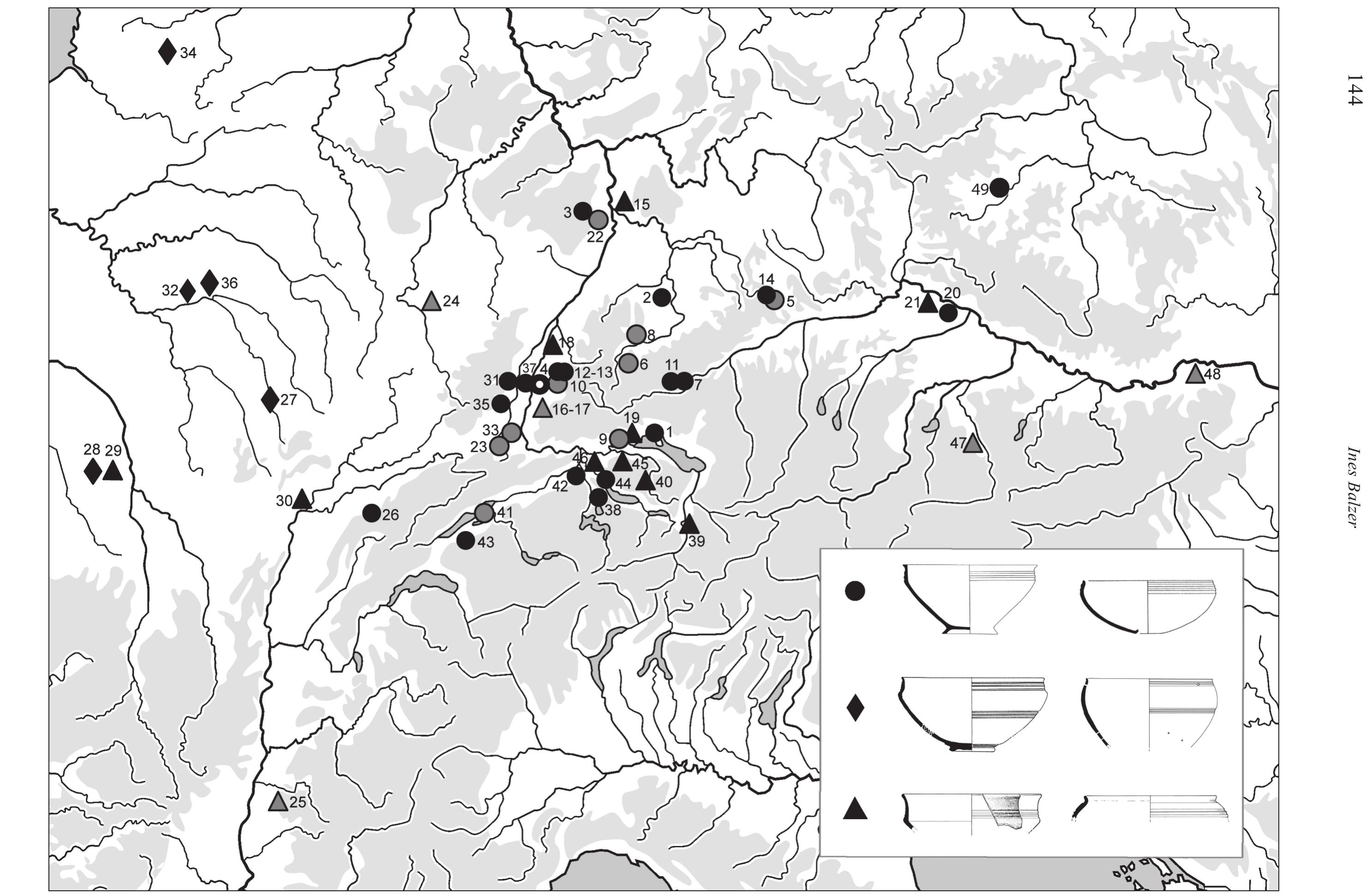 4 Diffusion of the early wheel-turned pottery (Ha D3). Gray: uncertain. Triangle: pottery from period of transition (Balzer 2009a, 149 fig. 71 with list 5 p. 219 f.; no. 49: Pilsen- Roudna, after Tappert 2012, 127 f.) 