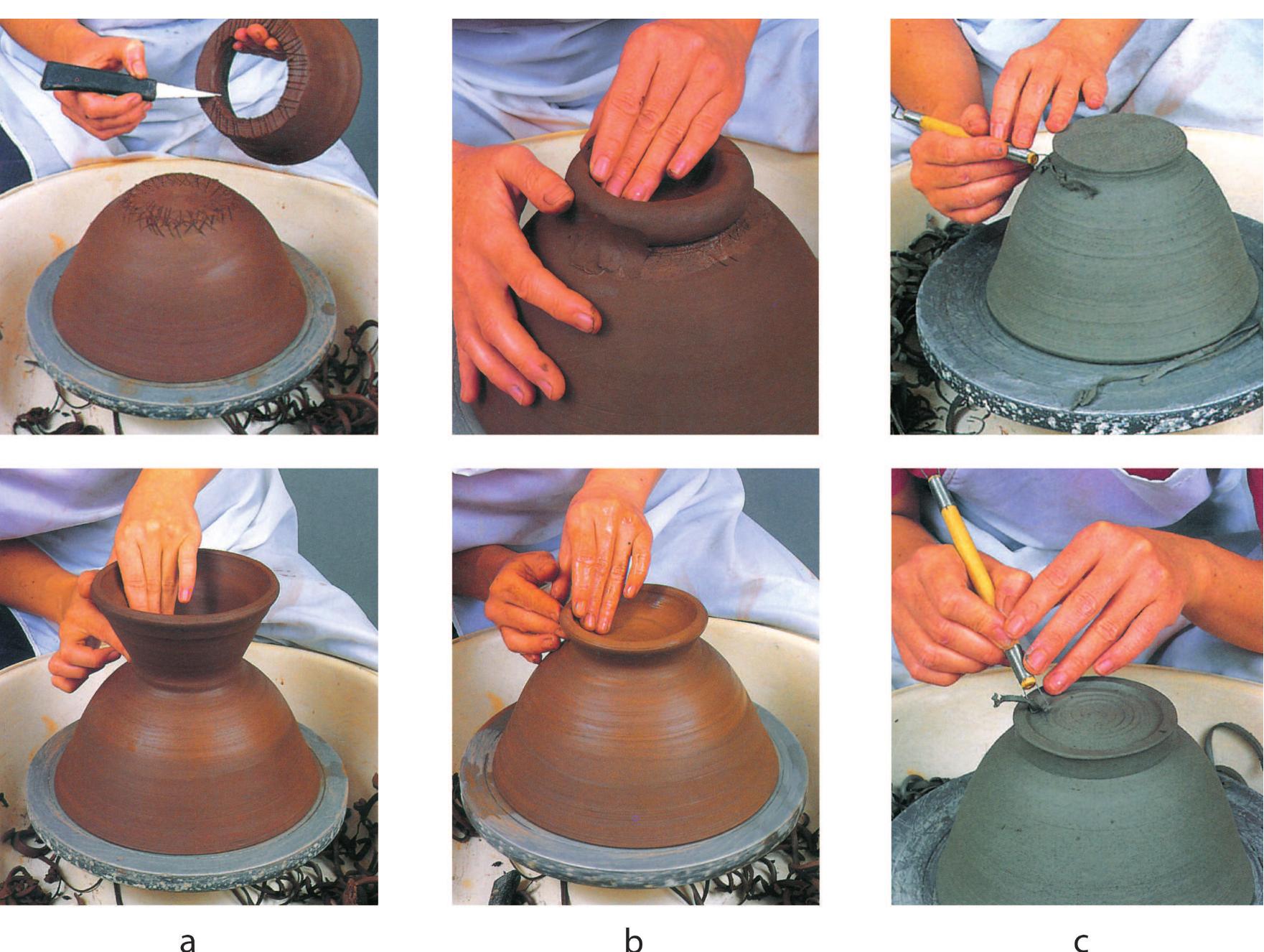 3. Various techniques on the potter’s wheel to prepare a tall vessel foot or a standing ring. a) Fixing a separately wheel-turned foot to a vessel; b) Shaping a standing-ring on a turning vessel; c) Cutting out a ring foot during wheel turning (Photos Bliss 2001, 126. 127) 