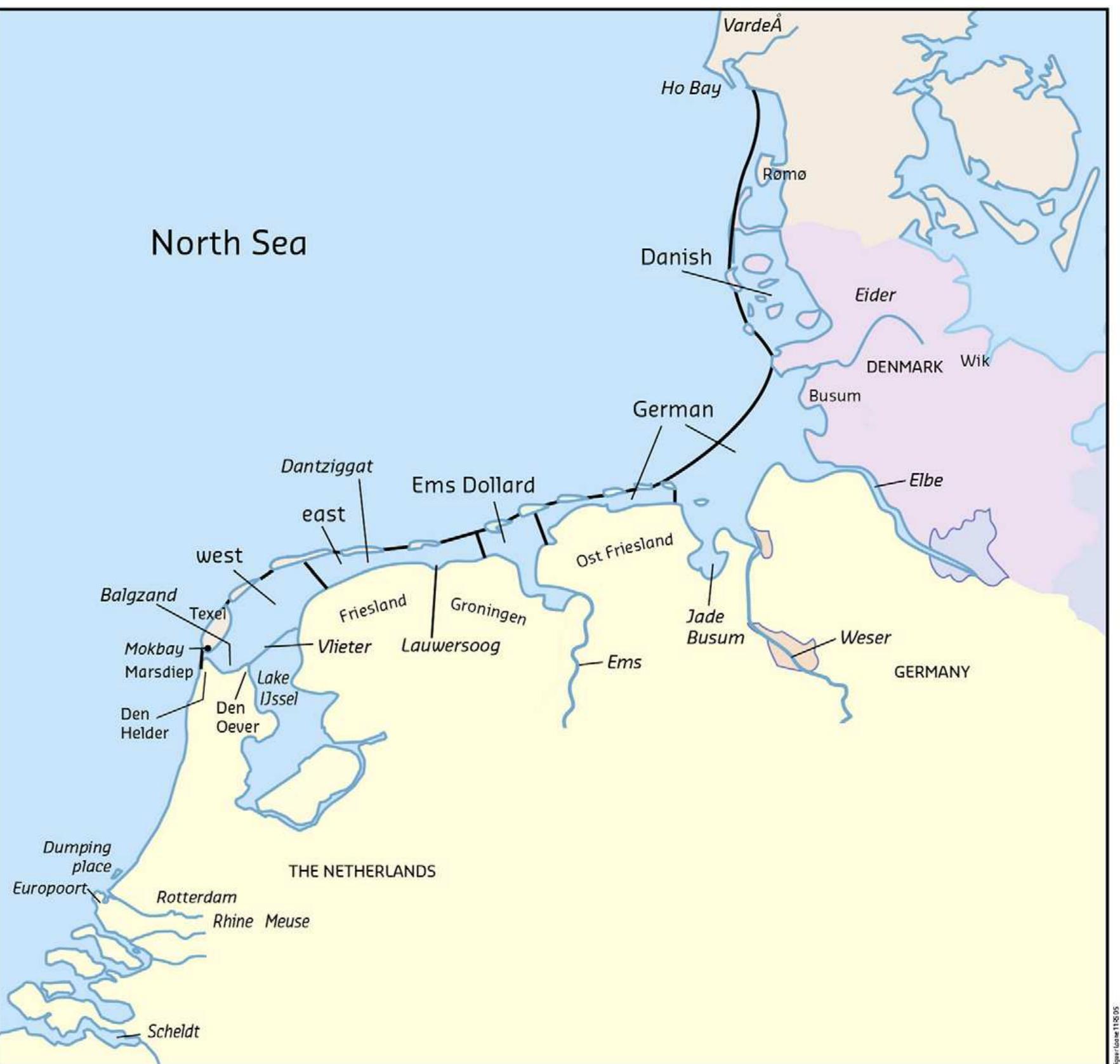 Map of the dutch coastal zone and the wadden sea. the dutch