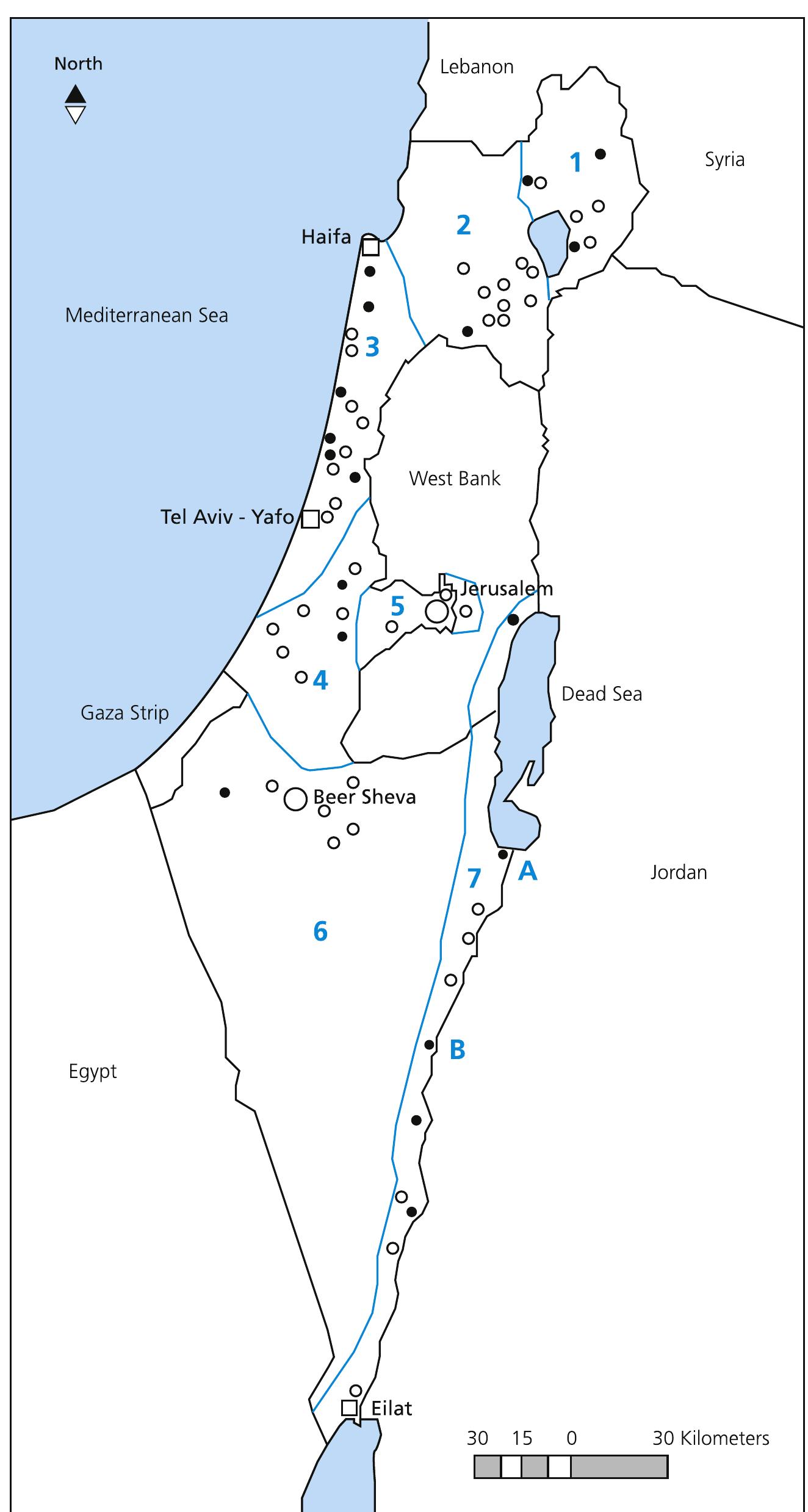 Map of israel marked with the 7 sampled regions, the sampled