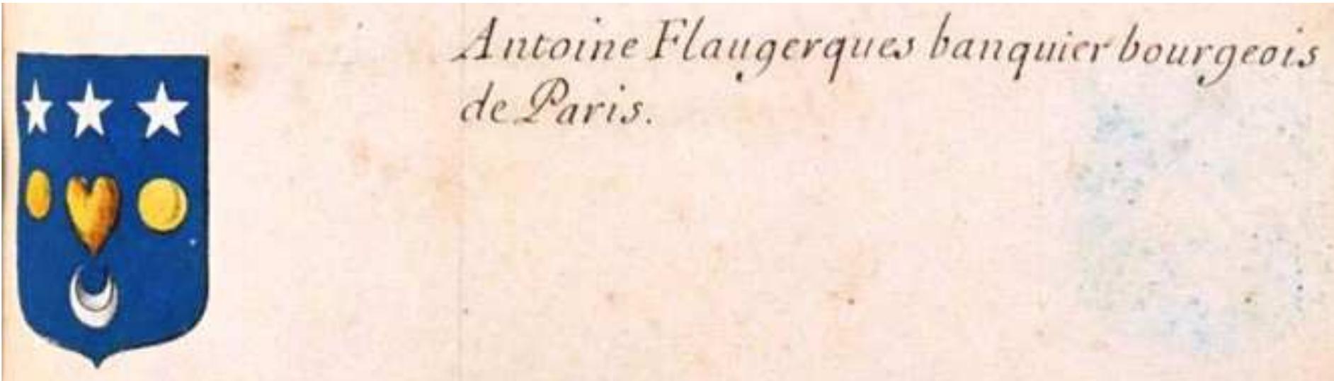 Fig. 22: Coat of arms of the banker Antoine Flaugerques, Armorial général, vol. 24 (Paris II), p. 1585 (Bibliotheque Nationale de France, Francais 32251). 