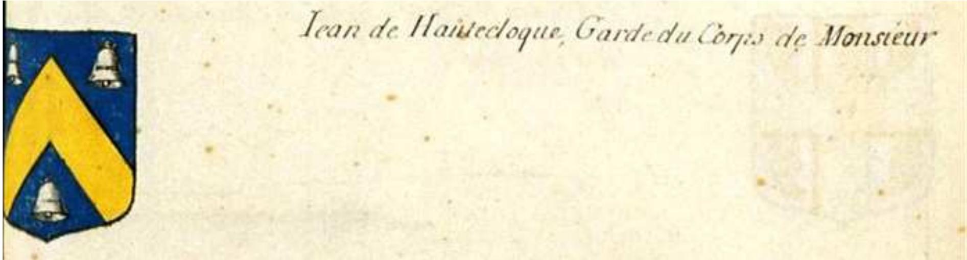 Fig. 23: Coat of arms of Jean de Hautecloque, Armorial général, vol. 25 (Paris III), p. 581 (Bibliotheque Nationale de France, Frangais 32252).  The chief as an ordinary can also express elevation. In the Franche-Comté volume of the Armorial général, statistics show that forty-two per cent of chiefs are azure, while the average rate for all charges (including ordinaries) is twenty per cent. More than half of all chiefs are charged with at least one astronomical charge such as stars, crescent, and sun. ‘The celestial value of the chief increases even further if birds are taken into account.” Such choices reflect the fact that having the sky depicted in one’s coat of arms was desirable for many armigers, 