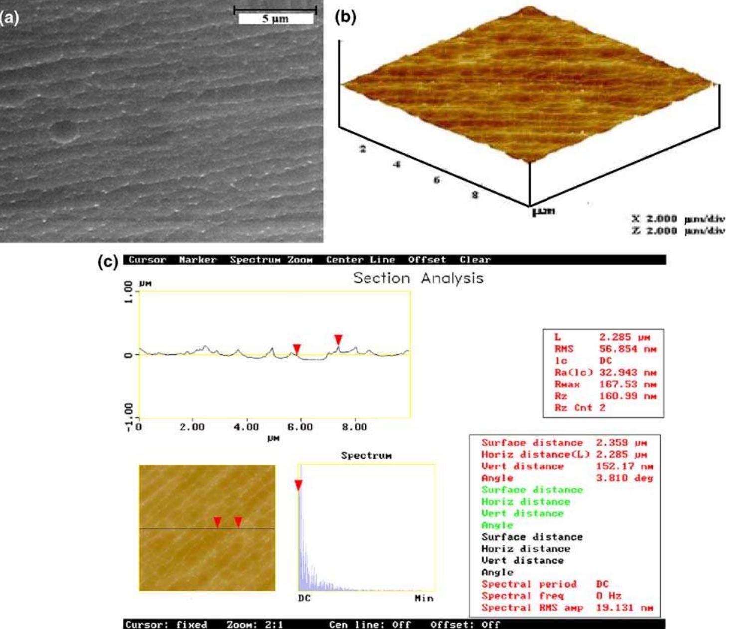 Wafer Analysis Wafer g: (a) sem micrograph; (b) afm micrograph image; (c)