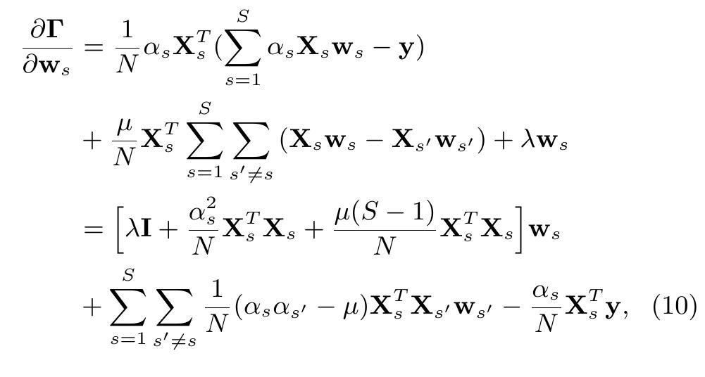 where I is a Ds x Ds identity matrix. Setting Eqn. (10) to zero and rearranging the terms, all w,’s can be learned jointly by the following linear system,  When @ is fixed, we compute the derivative of T regarding ws as follows,  3.3.2. Computing w, with a fixed 