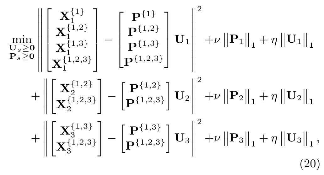 where s # 8s’, s €C;, and s’ € C;. We thus learn the shared subspaces by the following objective function,  where vy and 7 are the nonnegative tradeoff parameters for the regularizations. Similarly, we employ the alternating optimization strategy to solve the optimization in Eqn. (20). To be more specific, we first initialize U, and compute the optimal P,;. Afterwards, P; is updated based on the computed U;. We keep this iterative procedure until the objective function converges. 