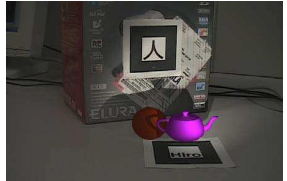 Figure 7: Virtual flashlight with multiple real objects (light direction fixed).  Figure 6: Sequence of virtual flashlight illuminating a real scene, clockwise from top-left corner: (a) Original intensity, (b) partially darkened image for pixels with no depth information, (c) virtual-to-real shadowing, (d) virtual-to- real lighting, (e) unlit virtual objects, (f) lit objects with real-to-virtual shadows. 