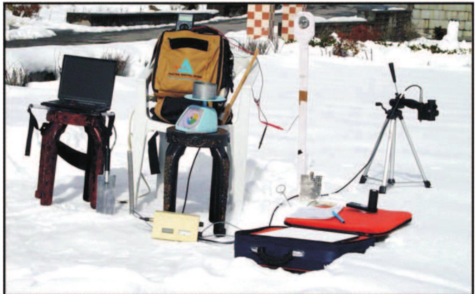 Figure 3: A field photograph showing spectral reflectance observations  Snow extent is estim availability of AWiFS data. Cloud over introduce signif depending on its avai rch were used.  it can  15 Ma classifi then al  be used to generate b  have at one scen  ed as snow on  aval  least  algoritl  products du reflectance due to mo  ilable scen  hm, water bodi  ring win  ated at an i  ficant errors. I  abili  ty. Forexam  any pixel is final product. esin asin-  identified as snow on an  If three co  the 10-day window were used in wise 10-daily produ e under cloud free conditio es are marked in pre-win ter, as discrimination of snow and water is difficult using  untain shadow.  nterval of 5 and 10 days, dependin snow covered region is a critical issue at n 10-daily product, three scenes are an ple, for 10 March product data of 5, y one date then nes are not avai  Swi ct information and is expected t rese  nsecutive sce  n for each  the analysis. Th  g upon  nd  pixel. In the p  ler S€ason an  d masked in the final  at  