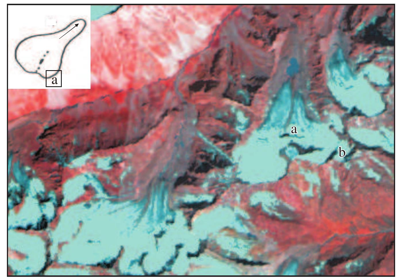 Figure 19: Glacier Classification — a) Simple Basin and_b) Cirque as seen on satellite data  Figure 19: Glacier Classification — a) Simple Basin and_b) Cirque as seen on satellite data 
