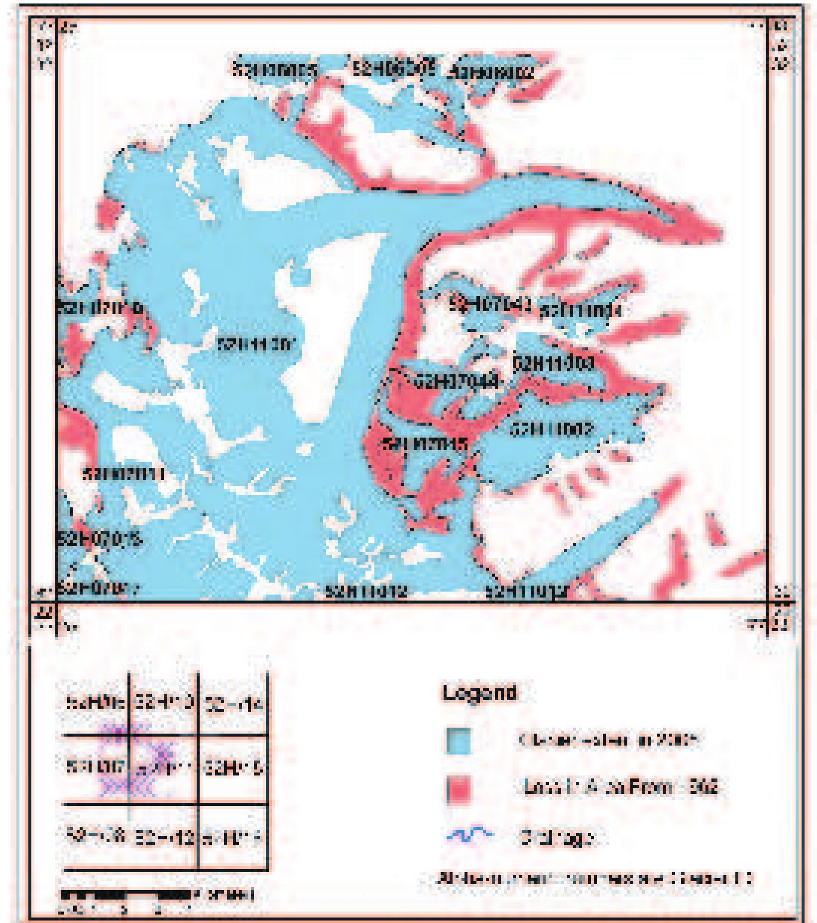 Figure 46: Map showing loss in area of the Glaciers of a part of the Chandra sub-basin between 1962 and 2005 