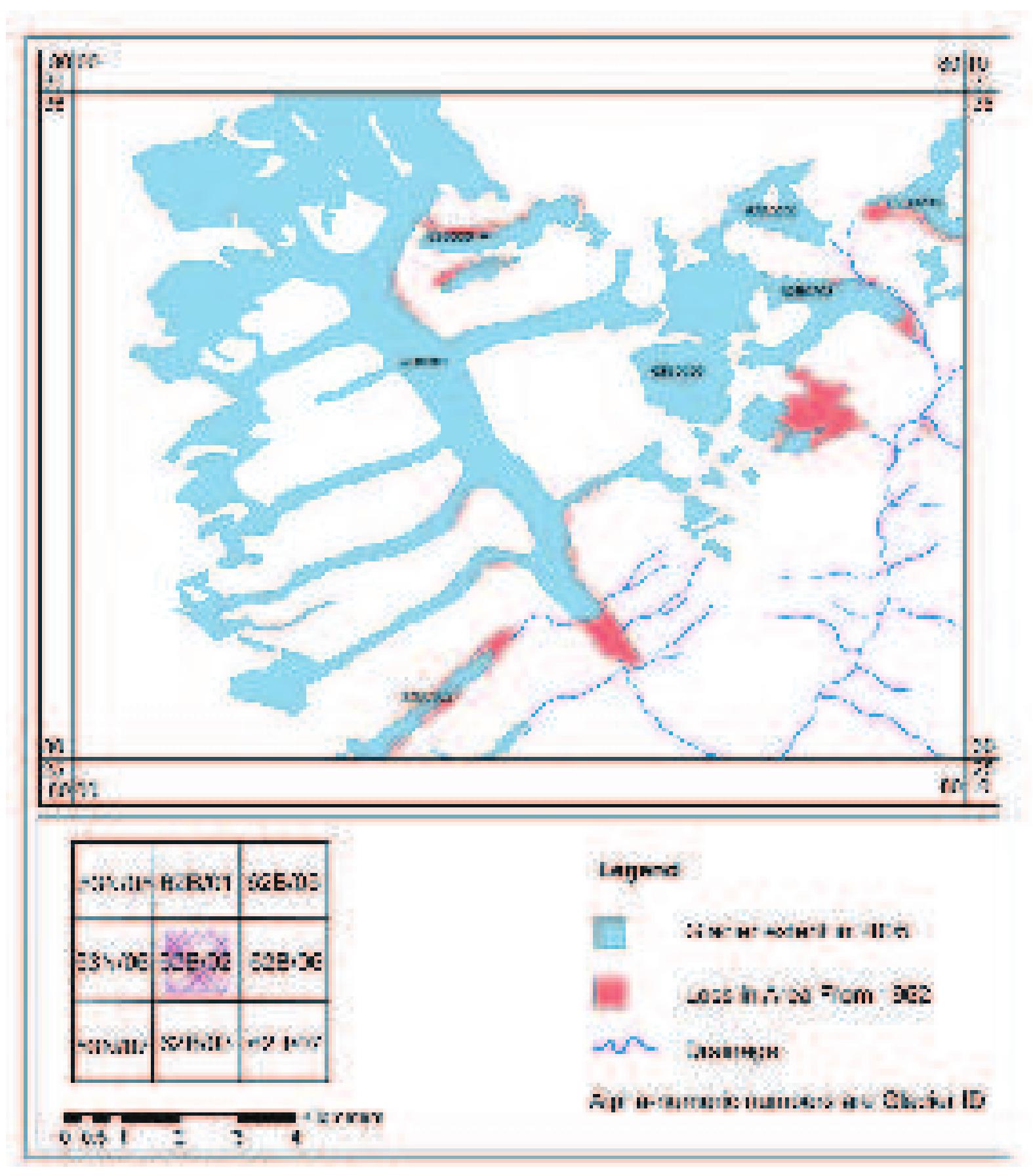 Figure 56: Map showing loss in area of the Glaciers of a part of the Gauriganga sub-basin between 1962 and 2005  Figure 56: Map showing loss in area of the Glaciers of a part of the Gauriganga sub-basin between 1962 and 2005 