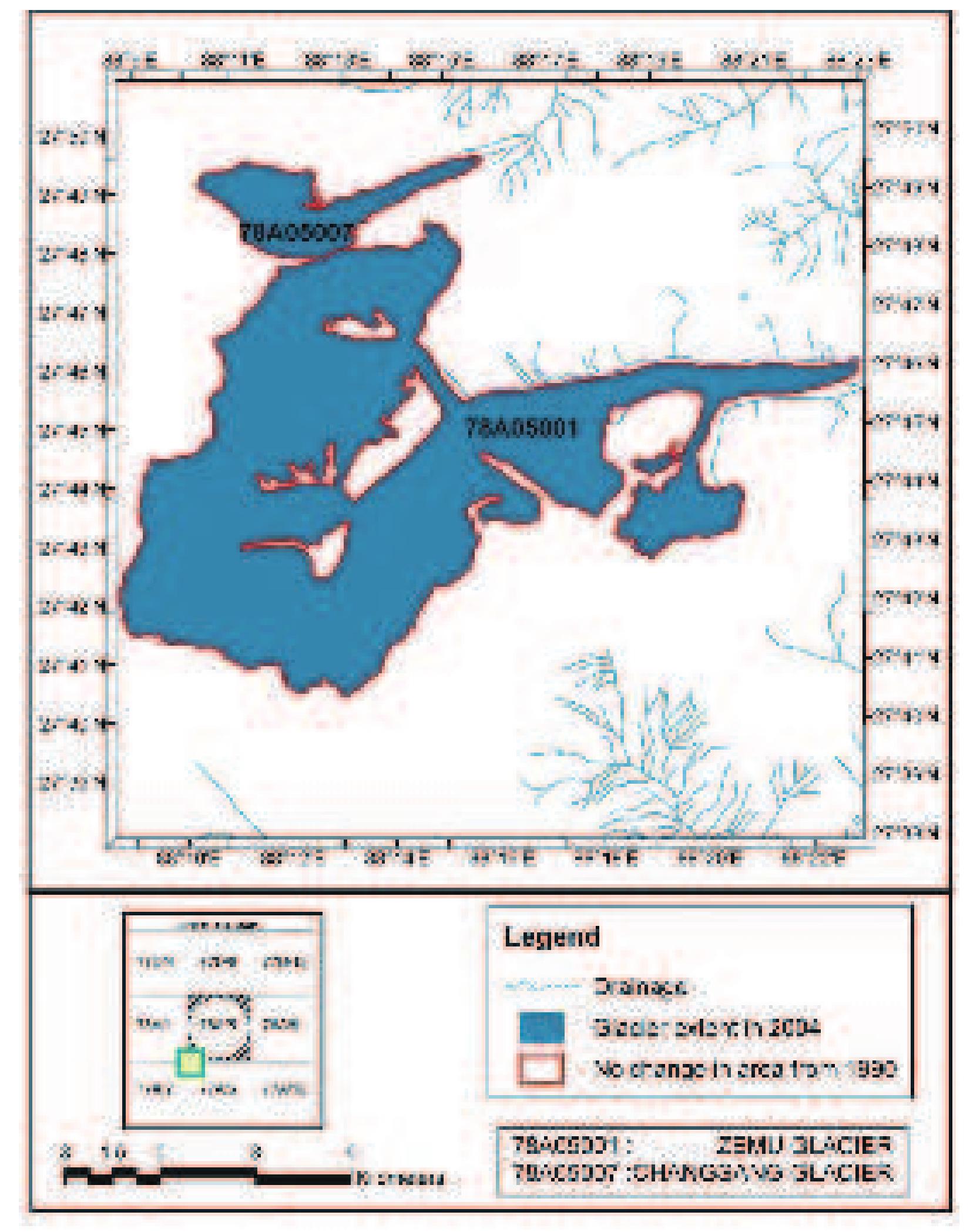 Figure 59: Map showing loss in area of the Glaciers of a part of the Zemu sub-basin between 1990 and 2004 